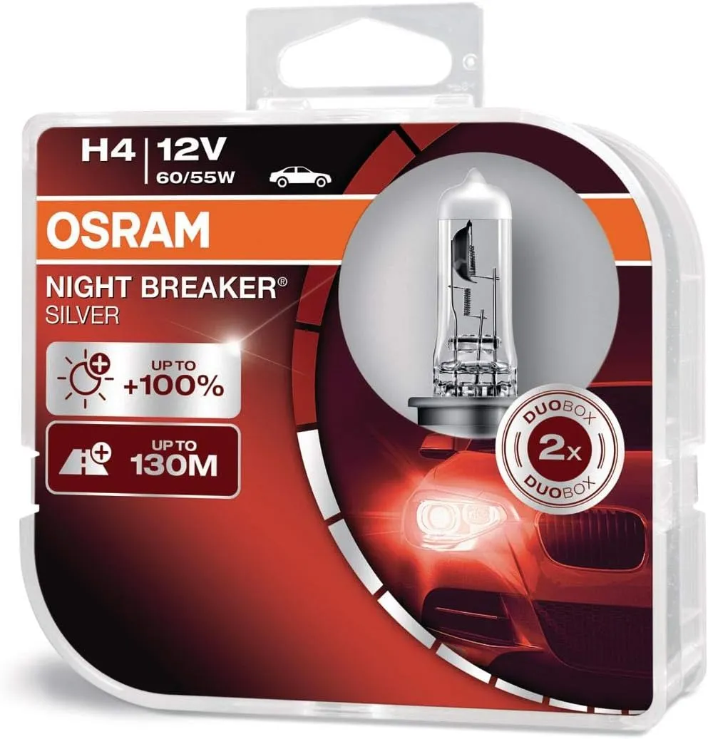 OSRAM NIGHT BREAKER SILVER H4,  100% more brightness, halogen headlamp, 64193NBS-HCB, 12V, passenger car, duo box (2 lamps)