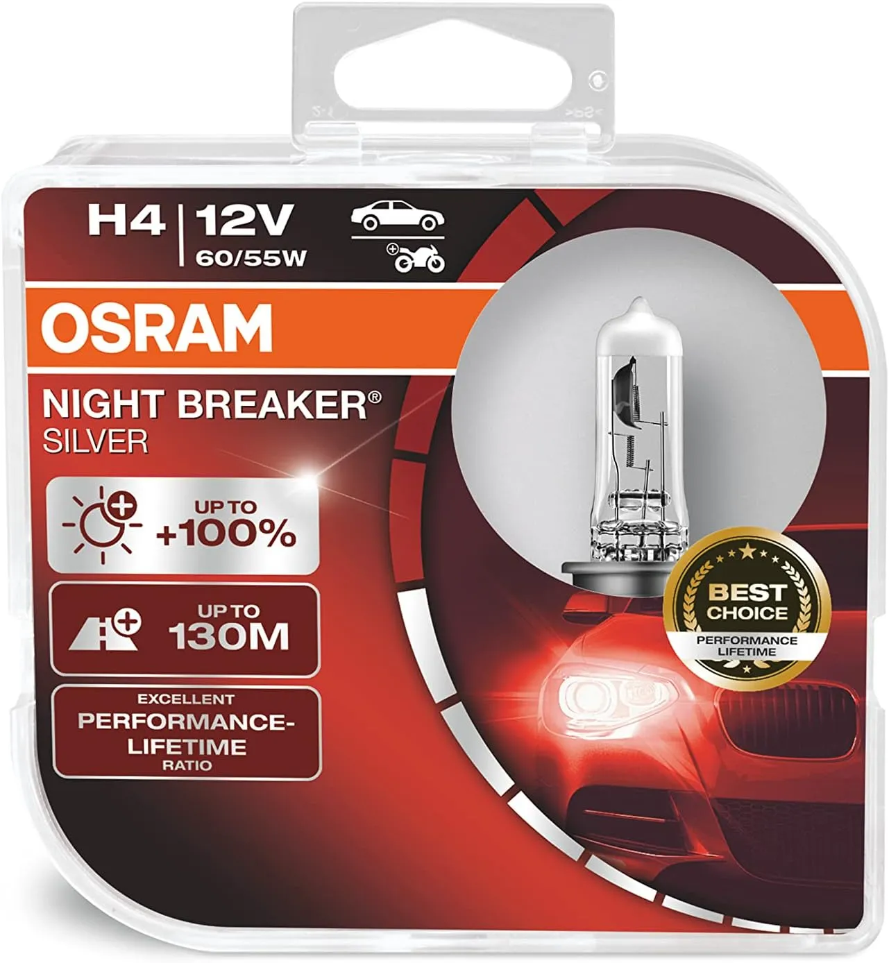 OSRAM NIGHT BREAKER SILVER H4,  100% more brightness, halogen headlamp, 64193NBS-HCB, 12V, passenger car, duo box (2 lamps)