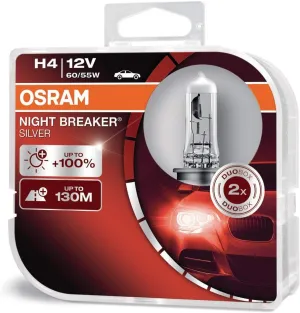 OSRAM NIGHT BREAKER SILVER H4,  100% more brightness, halogen headlamp, 64193NBS-HCB, 12V, passenger car, duo box (2 lamps)