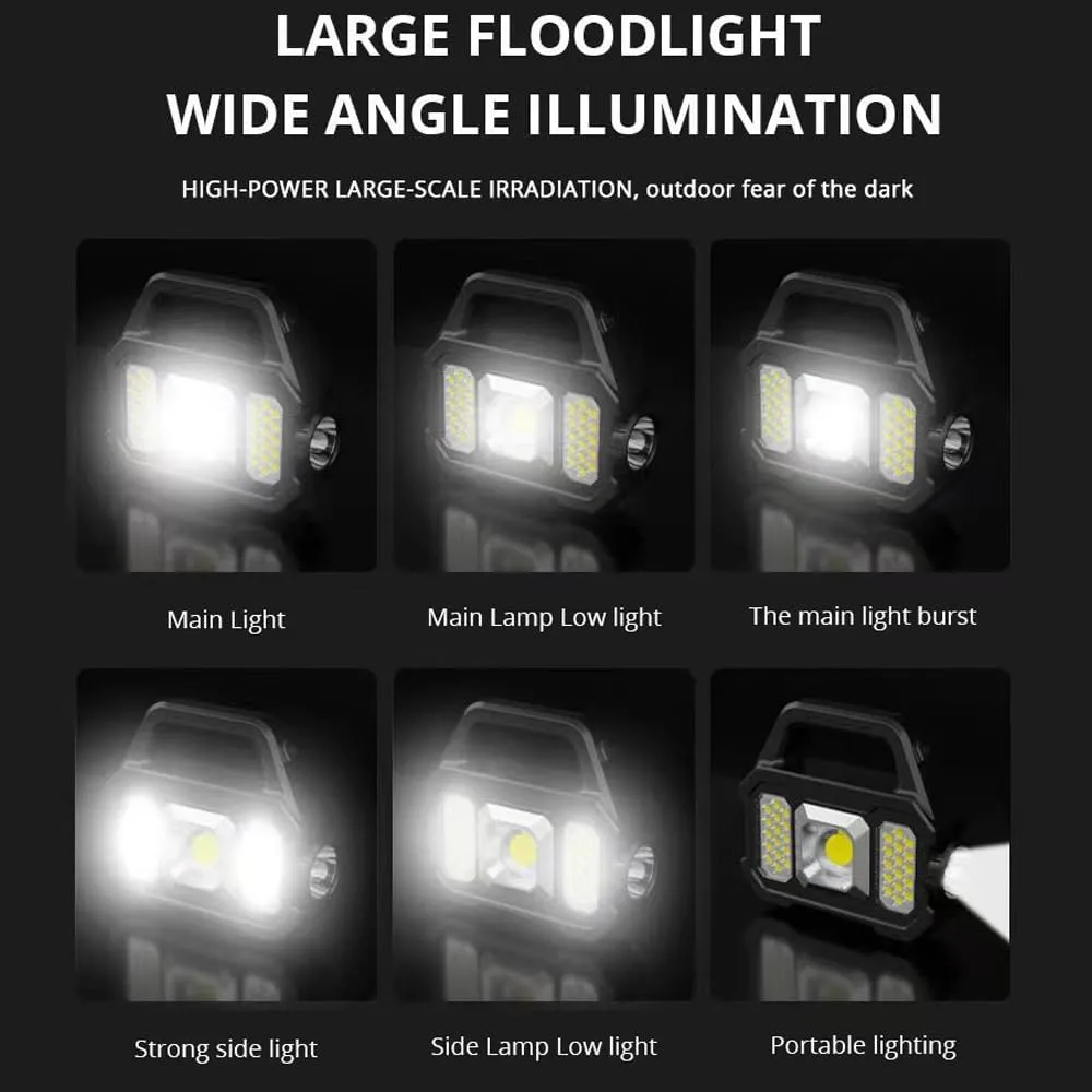 Outdoor Portable Camping Fishing Flashlight Work Light Multi-Modes Solar Powed High Brightness Lantern Hand Light USB able Light with Side Light
