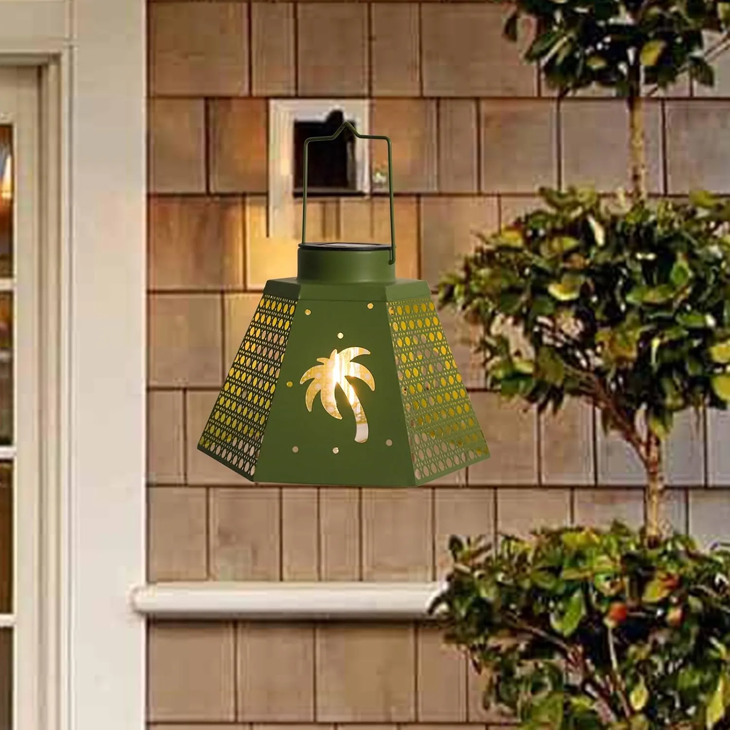 Outdoor Solar Lanterns Waterproof Hanging Solar Metal Lantern 9.5" Coconet LED Lantern Yard Art Decor for Yard, Patio, Hallway, Birthday Mothers' Day Gifts (2Pack, Green)