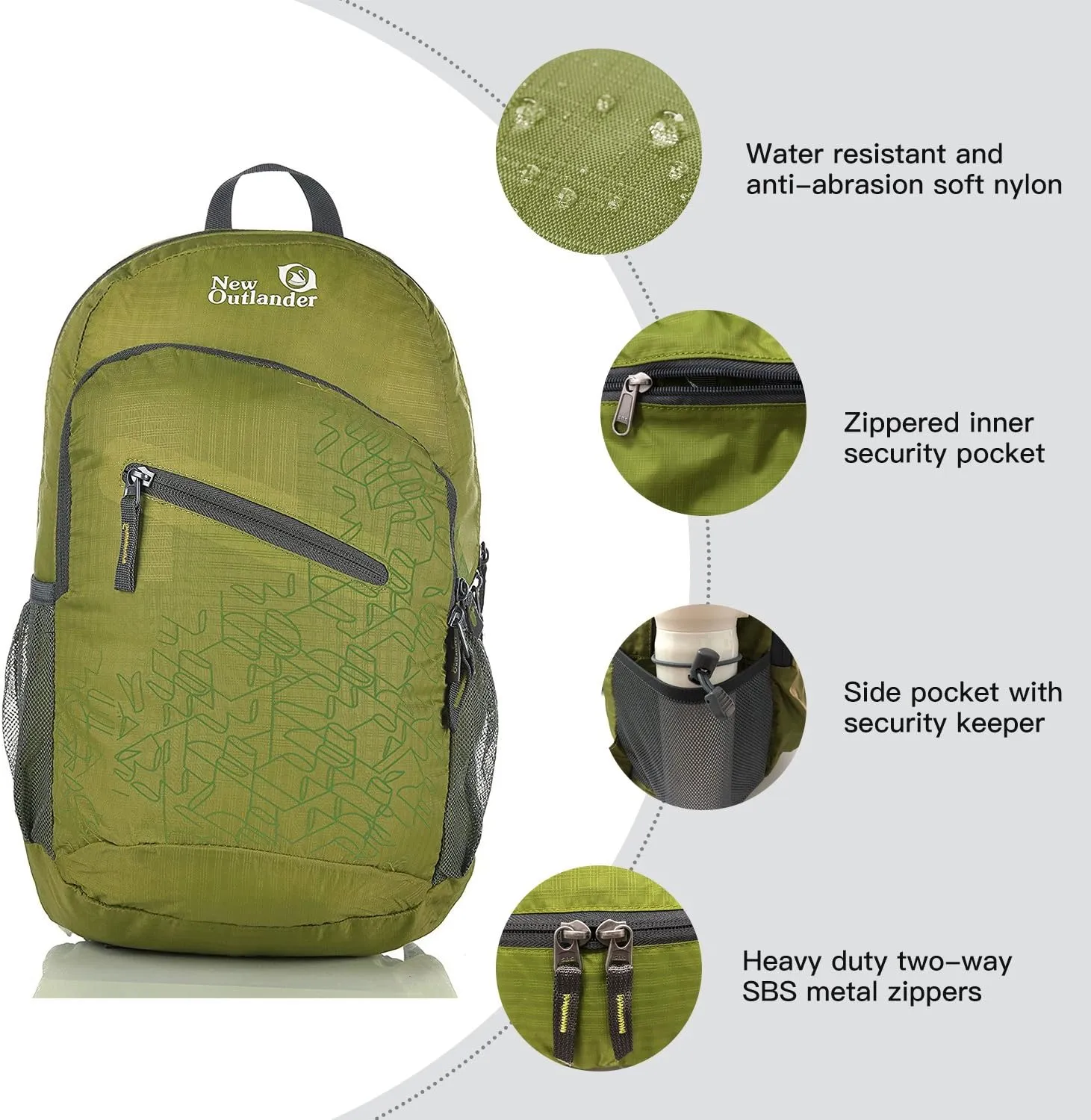 Outlander Packable Handy Lightweight Travel Hiking Backpack Daypack-Green-L