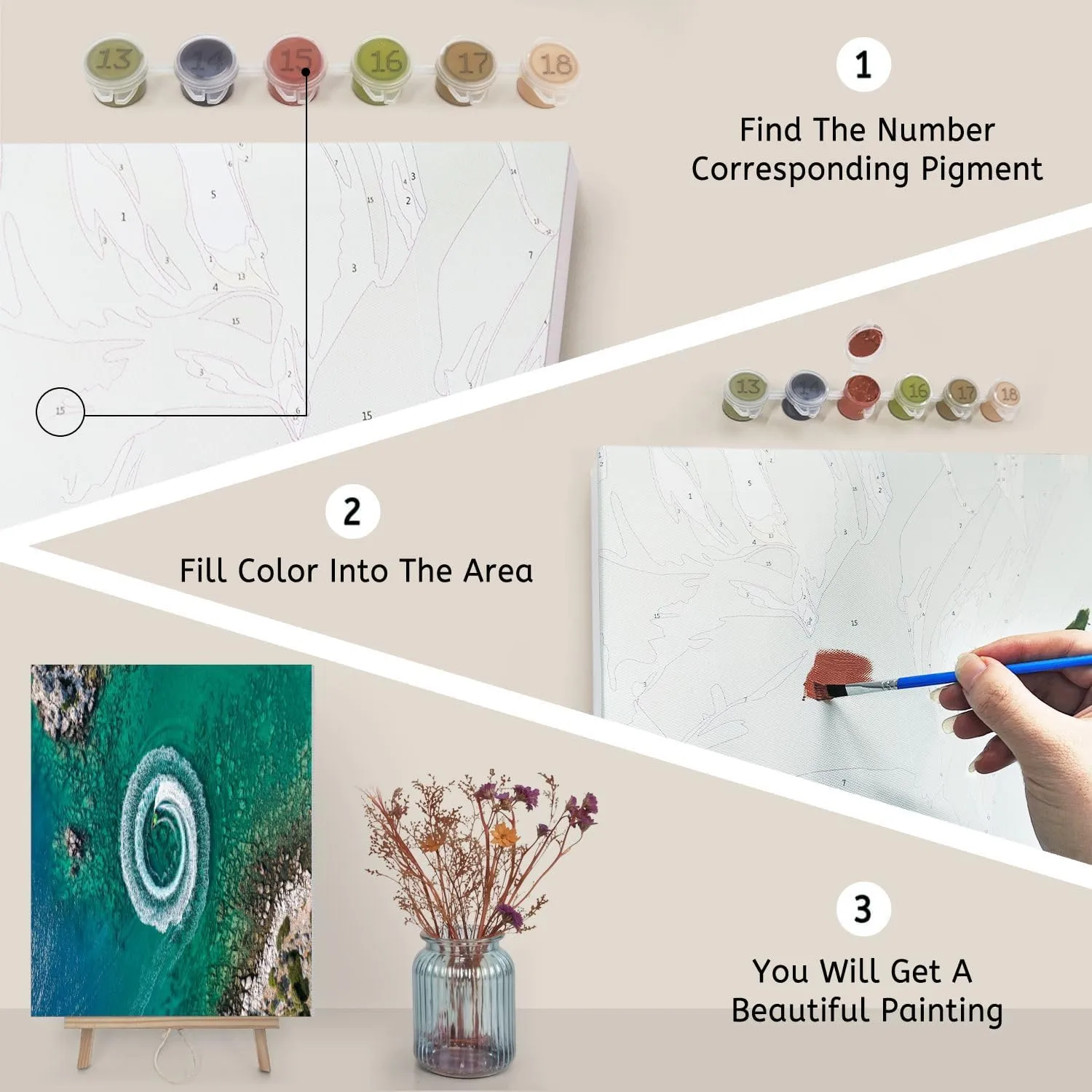 Paint by Numbers Kit for Adults Beginner DIY Zoom out amazing aerial view man driving personal watercraft ocean Framed Painting by Numbers with Tabletop Easel Canvas Acrylic Oil Painting 16"x20"