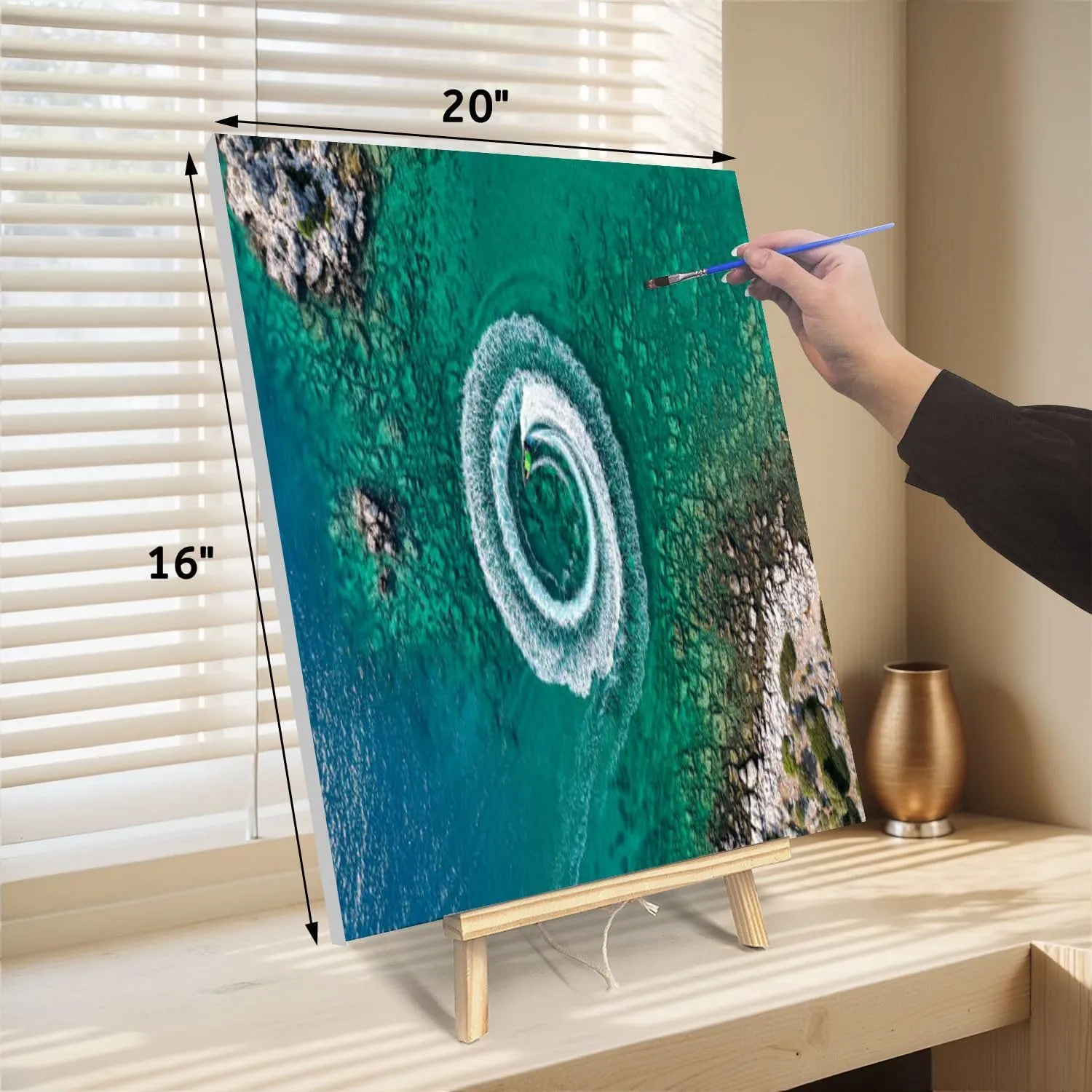 Paint by Numbers Kit for Adults Beginner DIY Zoom out amazing aerial view man driving personal watercraft ocean Framed Painting by Numbers with Tabletop Easel Canvas Acrylic Oil Painting 16"x20"