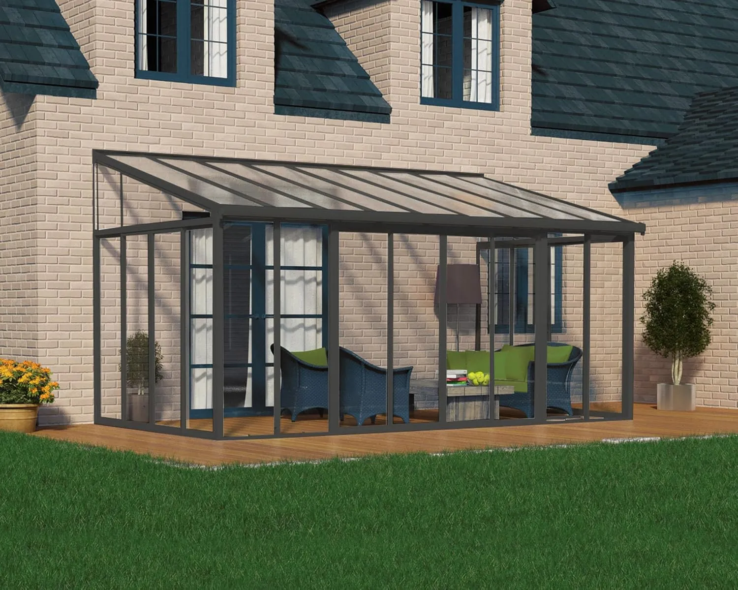 Palram - Canopia Sanremo 10x18 Enclosed Patio Cover with Screen Doors, Gray DIY Sunroom Kit Lean to Gazebo with Walls to Cover Patio Furniture, Deck, & Porch, UV Protected Polycarbonate Shelter