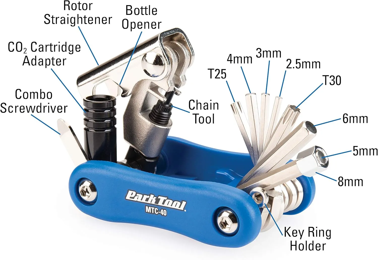 Park Tool MTC-40 Bicycle Multi-Tool with 2.5 to 8mm Hex Wrenches, T25 & T30, Screwdriver, Chain Tool & CO₂ Inflator Adapter
