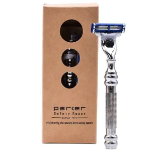 Parker 43M Heavyweight All-Metal Triple Blade Razor – Shaving Razor with Brass Frame   Deluxe Textured Chrome Handle - One Gillette Mach 3 Razor Blade Included