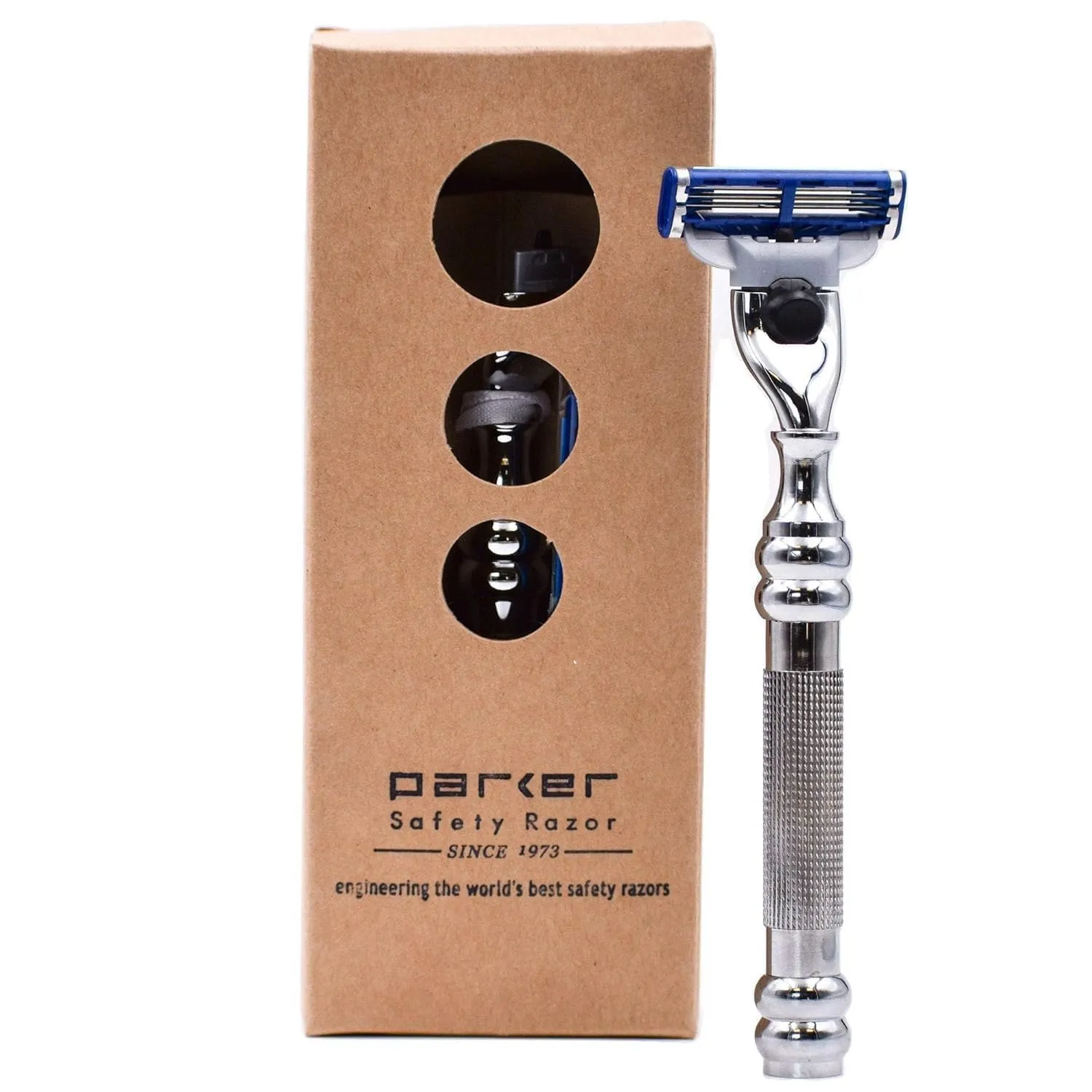 Parker 43M Heavyweight All-Metal Triple Blade Razor – Shaving Razor with Brass Frame   Deluxe Textured Chrome Handle - One Gillette Mach 3 Razor Blade Included