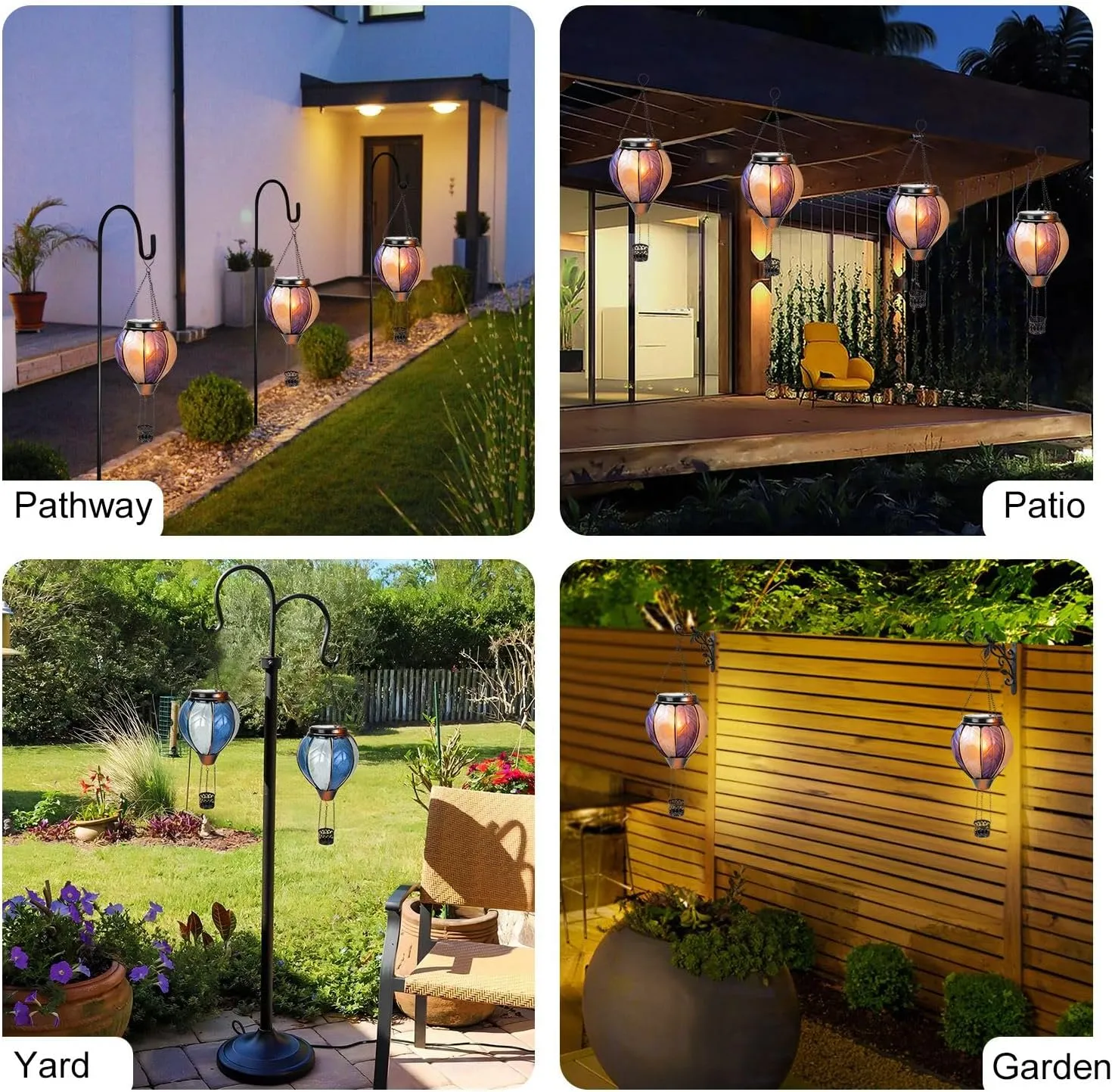 pearlstar Hot Air Balloon Solar Lantern with Flickering Flame Light Outdoor Solar Hanging Lights Waterproof for Garden Yard Farmhouse Outside Decoration,Stained Glass Blue and White