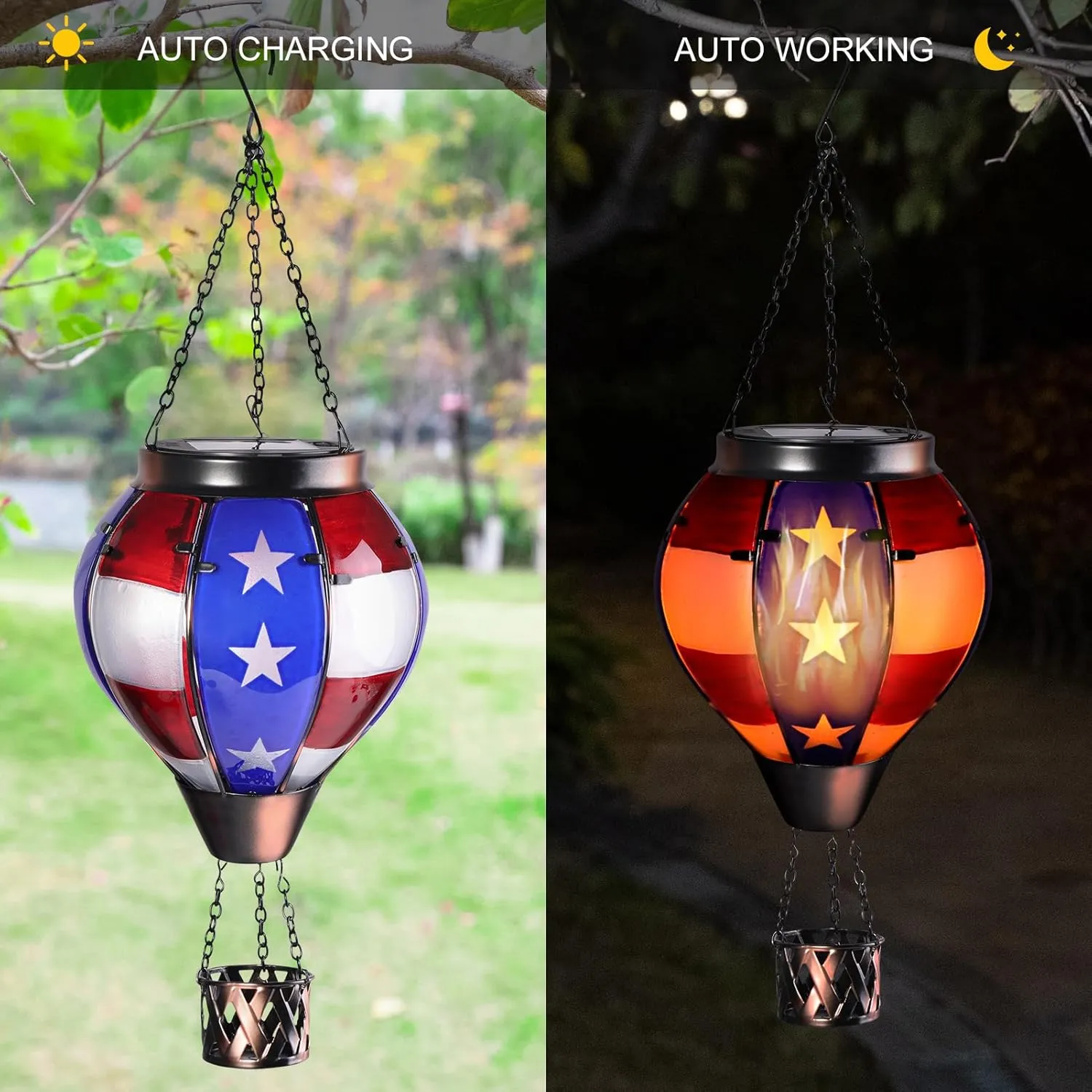 pearlstar Hot Air Balloon Solar Lantern with Flickering Flame Light Outdoor Solar Hanging Lights Waterproof for Garden Yard Farmhouse Patio Pathway Outside Independence Day Decoration,Glass, Star
