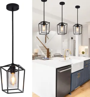 Pendant Light Fixture,Adjustable Black Iron Cage Farmhouse Metal Kitchen Island Hanging Light with Clear Glass Shade, Suitable for Kitchen Island, Entrance, Dining Room, Hallway(1 Light)…
