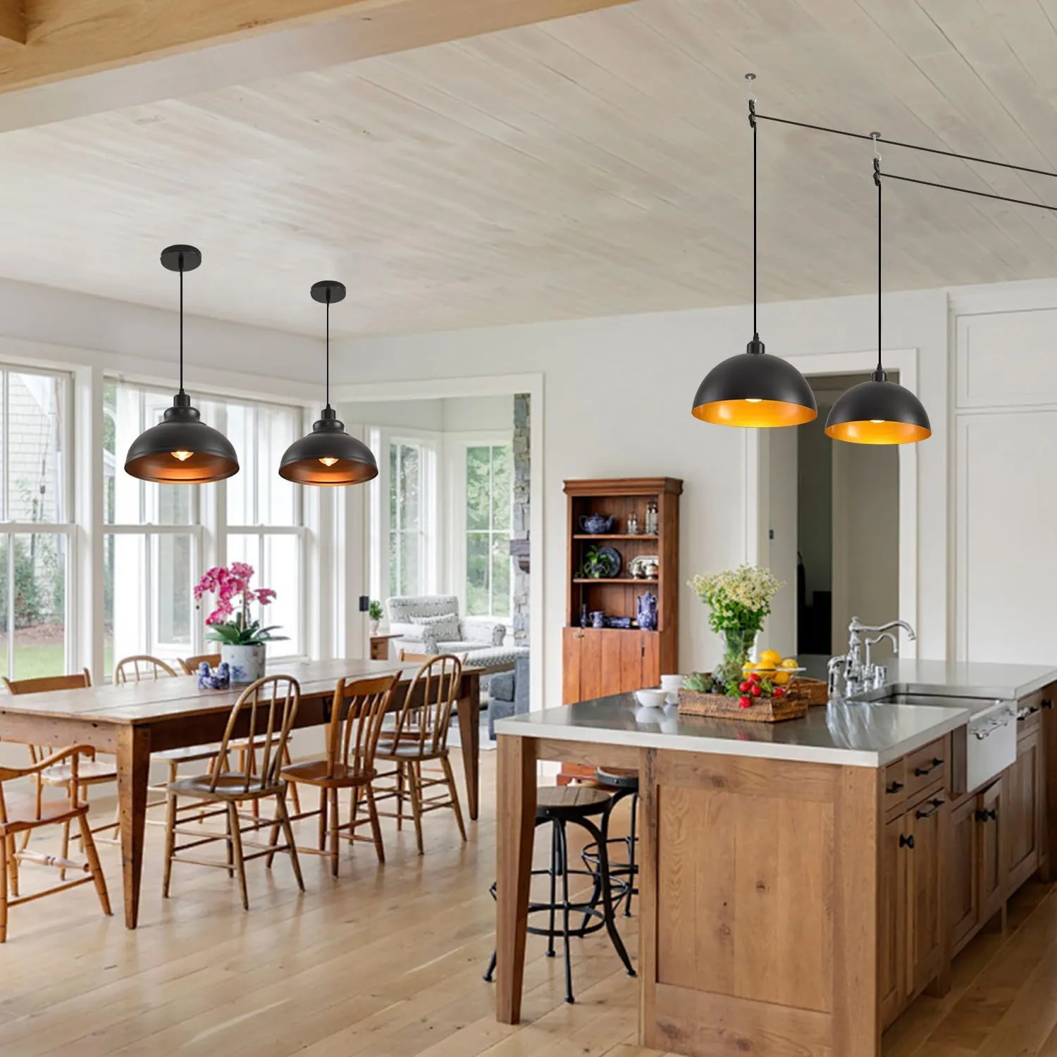 Pendant Lighting Vintage Industrial Fixtures, Farmhouse Pendant Lamp, Hanging Light Fixtures with Metal Shade (Black Inside), Industrial Black Pendant Lights for Hallway Kitchen Island Dining Room