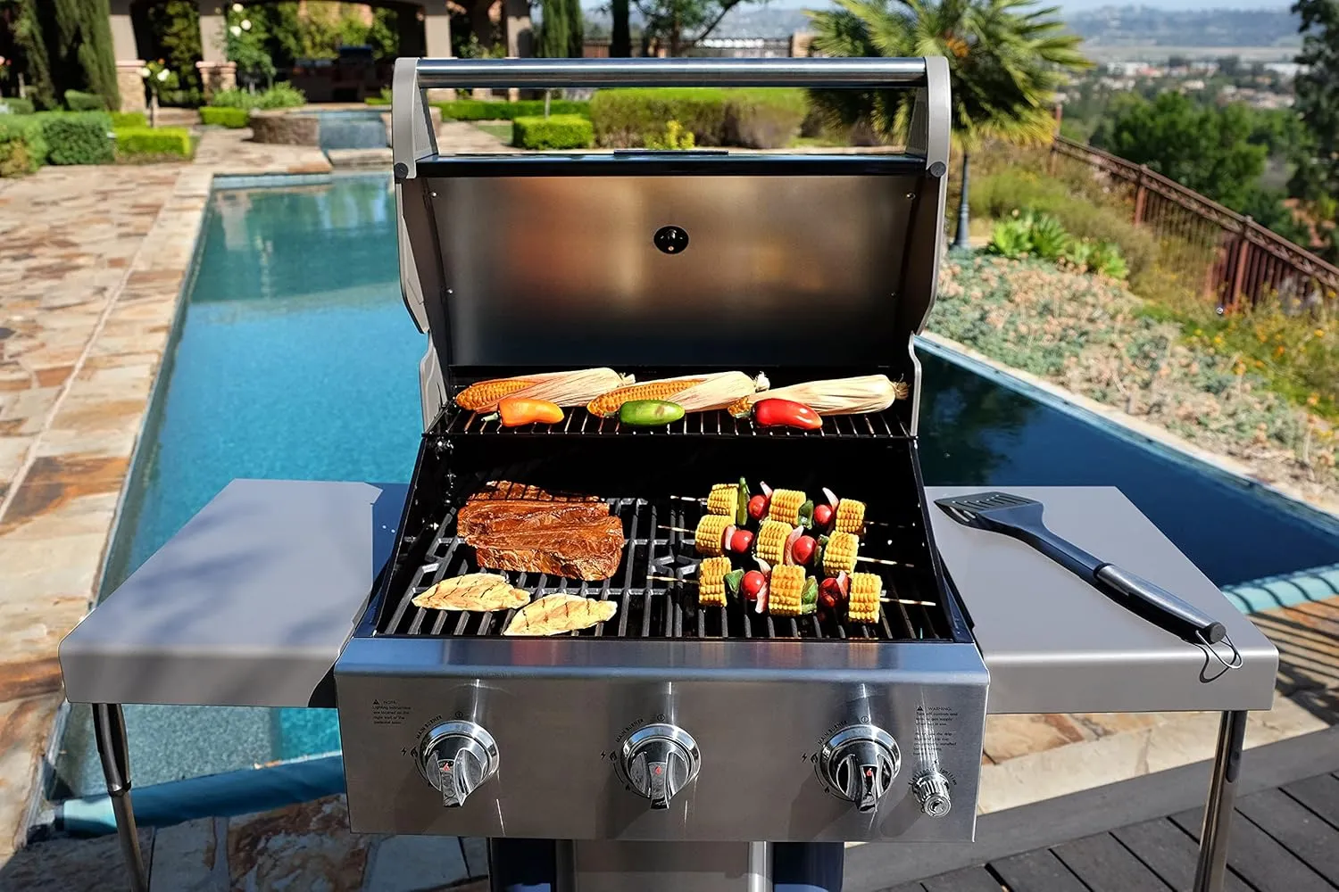Permasteel 3-Burner Propane Gas Grill, 30,000 BTUs BBQ Grill with Cast Iron Grates, Foldable Side Tables & Tool Hooks, Outdoor Grill, Azure