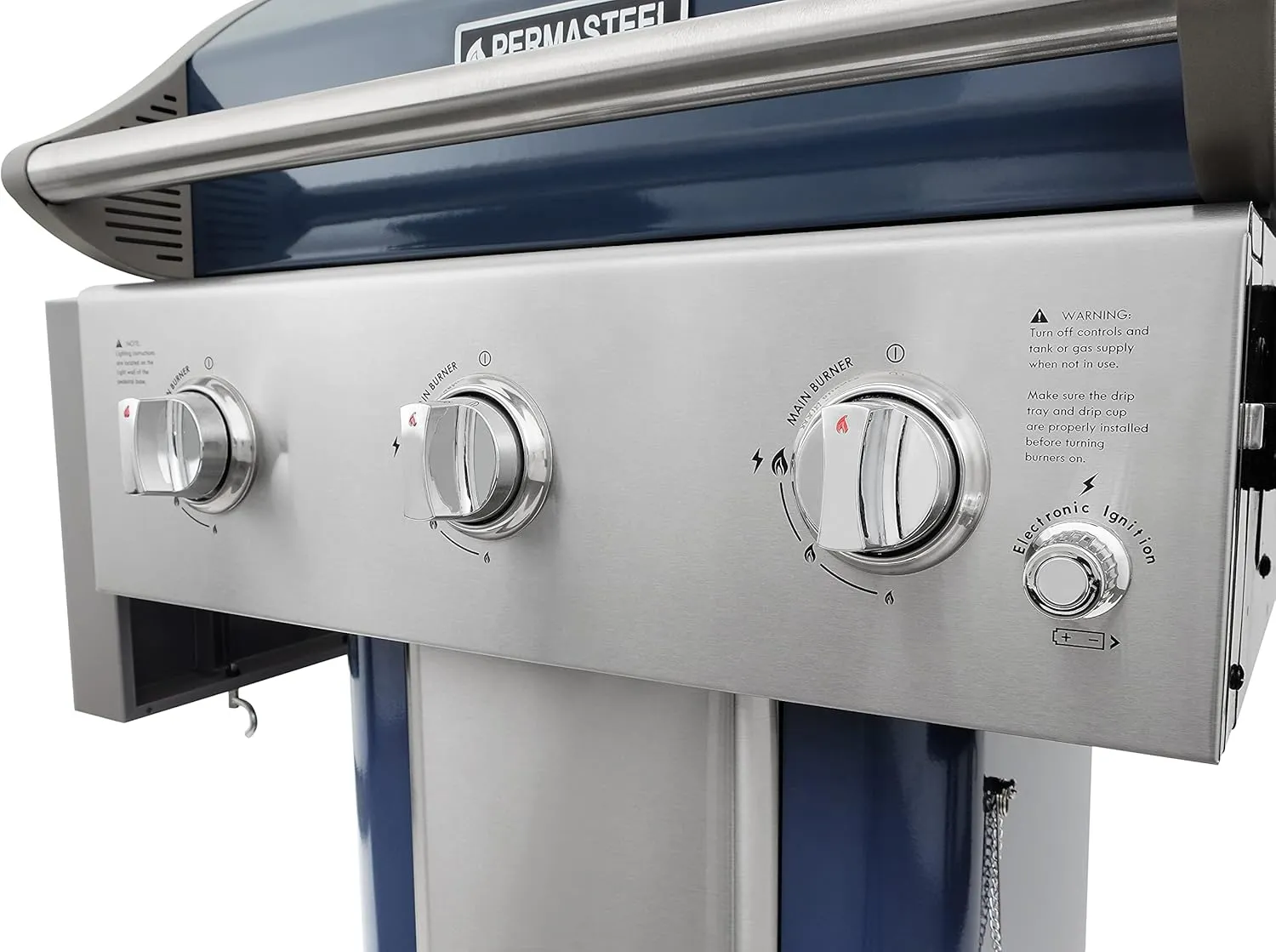 Permasteel 3-Burner Propane Gas Grill, 30,000 BTUs BBQ Grill with Cast Iron Grates, Foldable Side Tables & Tool Hooks, Outdoor Grill, Azure