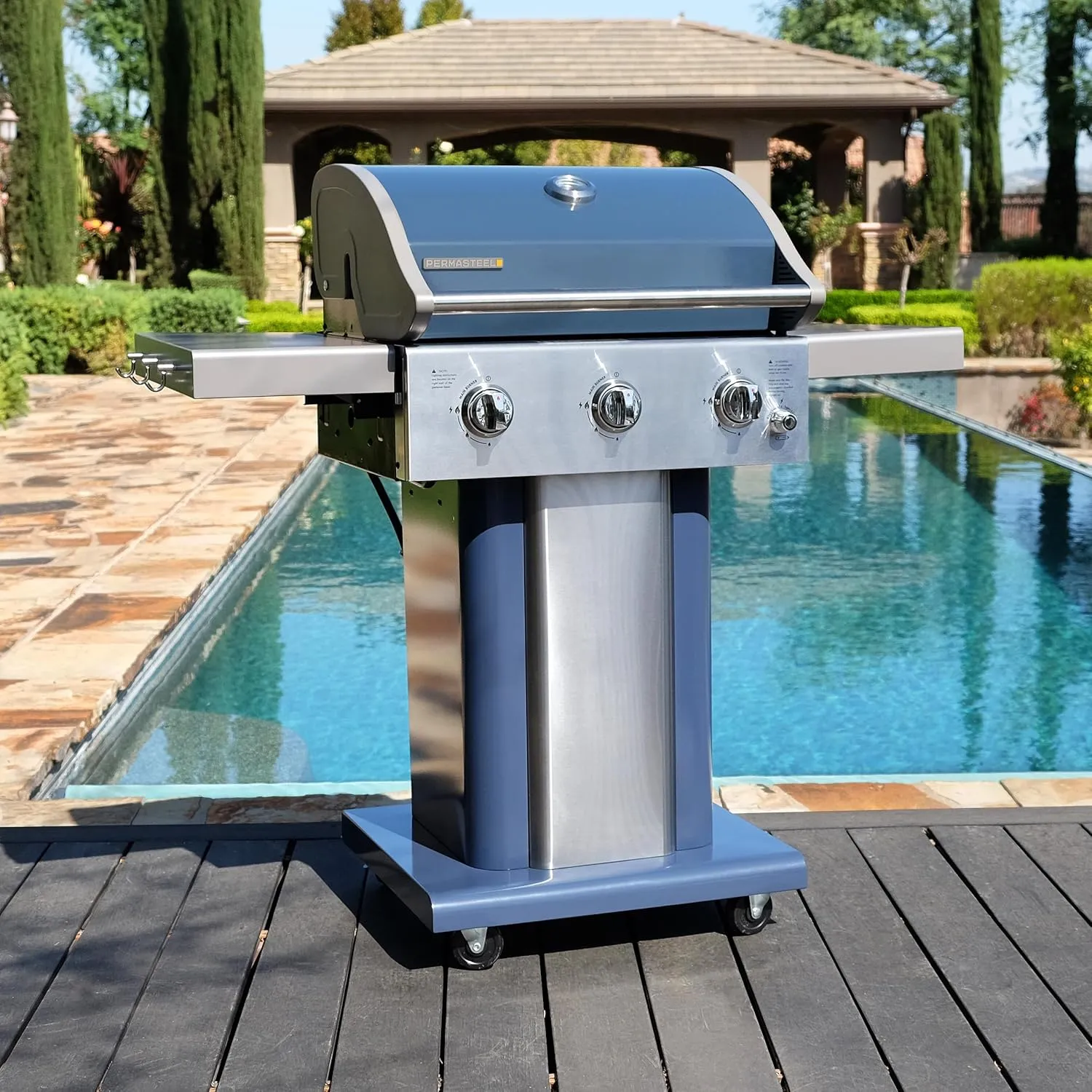 Permasteel 3-Burner Propane Gas Grill, 30,000 BTUs BBQ Grill with Cast Iron Grates, Foldable Side Tables & Tool Hooks, Outdoor Grill, Azure