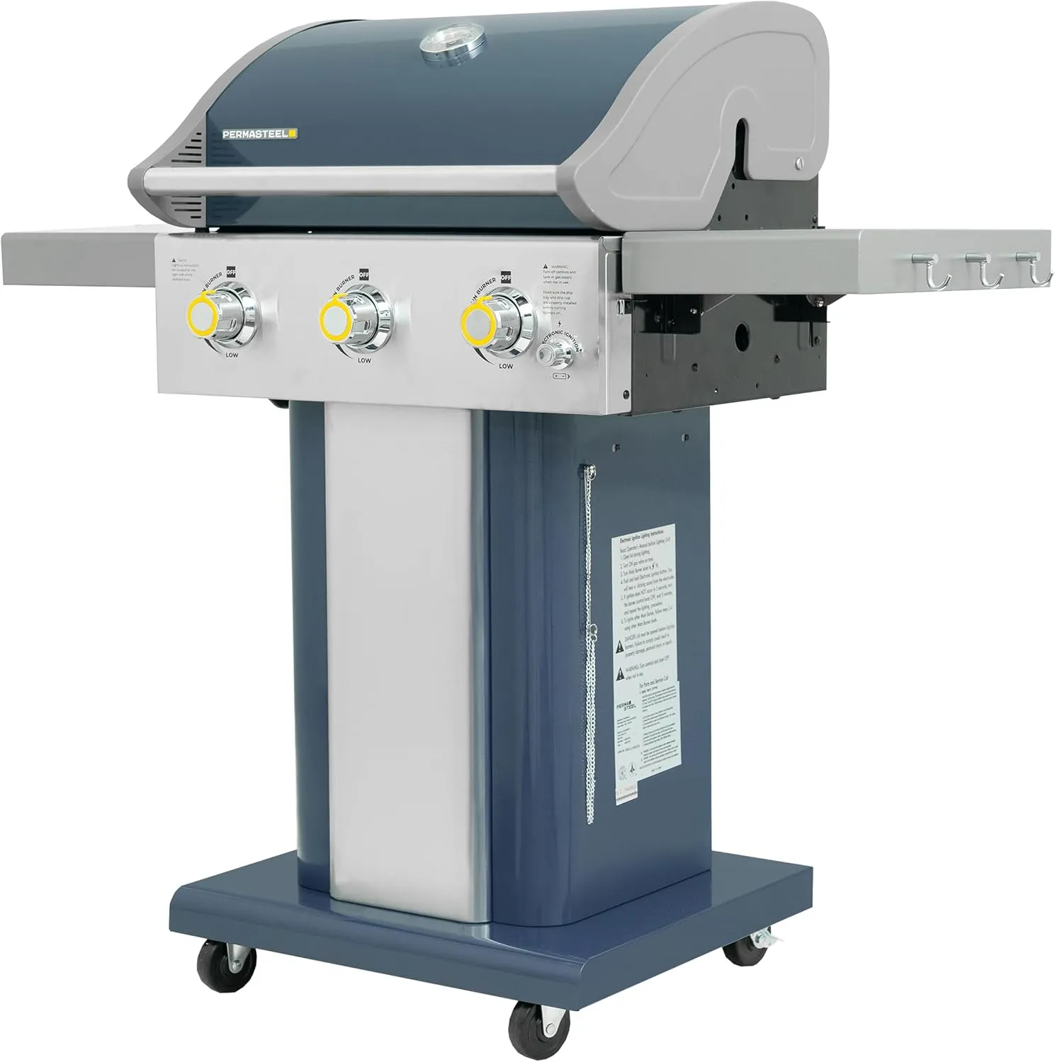 Permasteel 3-Burner Propane Gas Grill, 30,000 BTUs BBQ Grill with Cast Iron Grates, Foldable Side Tables & Tool Hooks, Outdoor Grill, Azure