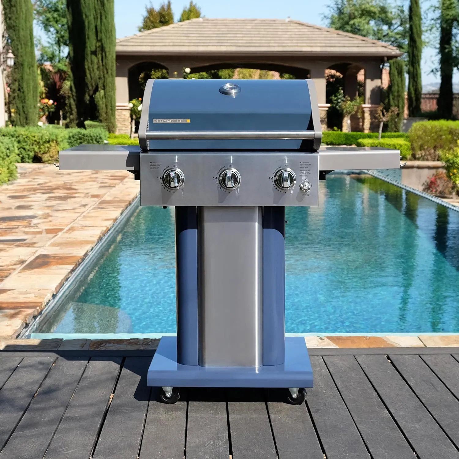 Permasteel 3-Burner Propane Gas Grill, 30,000 BTUs BBQ Grill with Cast Iron Grates, Foldable Side Tables & Tool Hooks, Outdoor Grill, Azure