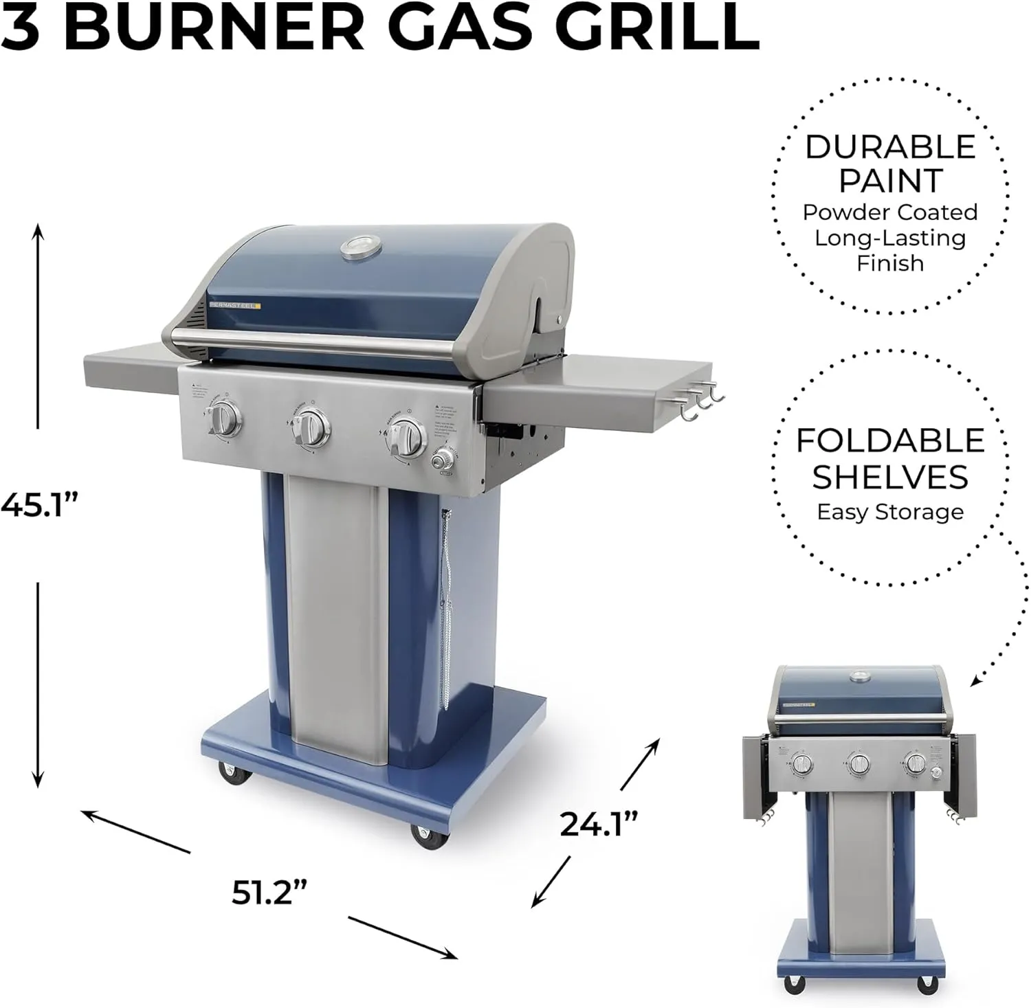 Permasteel 3-Burner Propane Gas Grill, 30,000 BTUs BBQ Grill with Cast Iron Grates, Foldable Side Tables & Tool Hooks, Outdoor Grill, Azure
