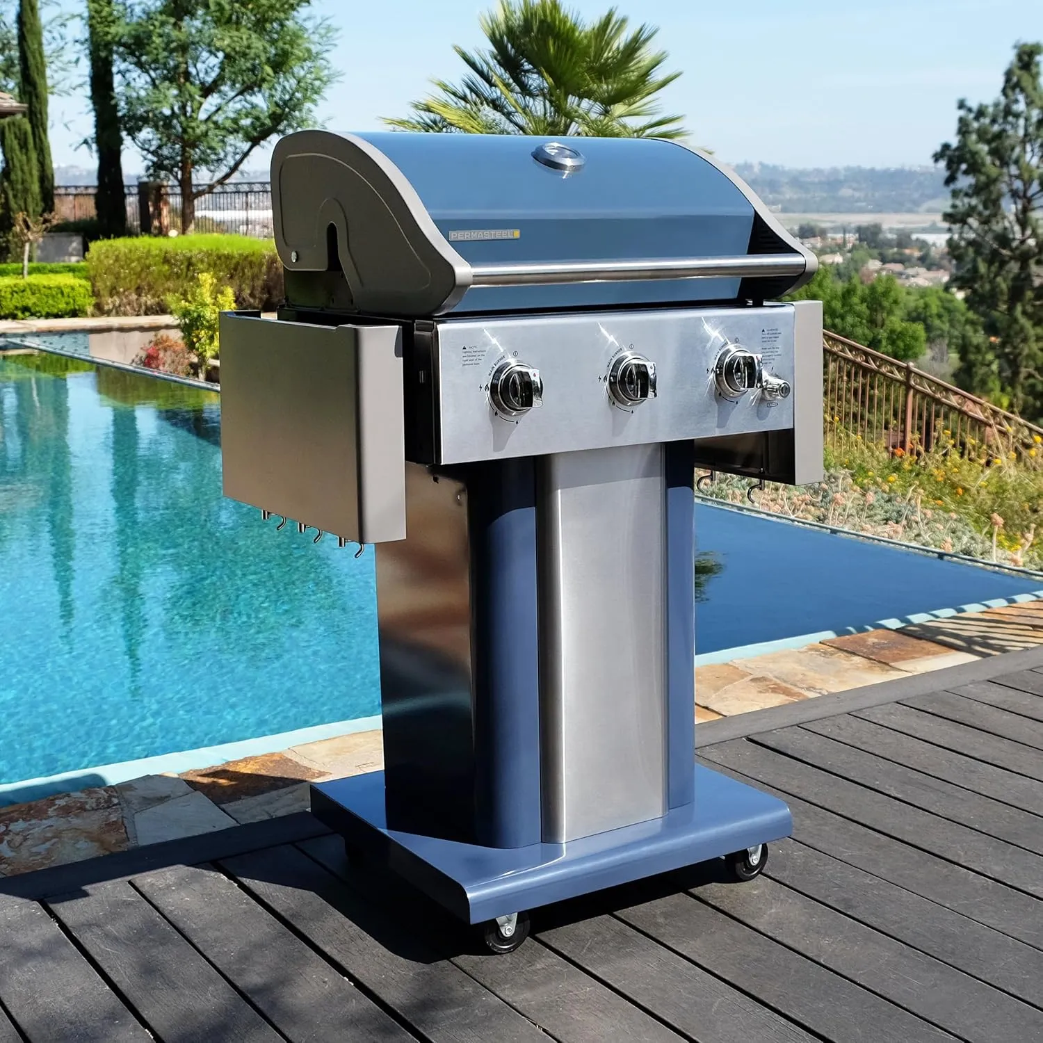 Permasteel 3-Burner Propane Gas Grill, 30,000 BTUs BBQ Grill with Cast Iron Grates, Foldable Side Tables & Tool Hooks, Outdoor Grill, Azure