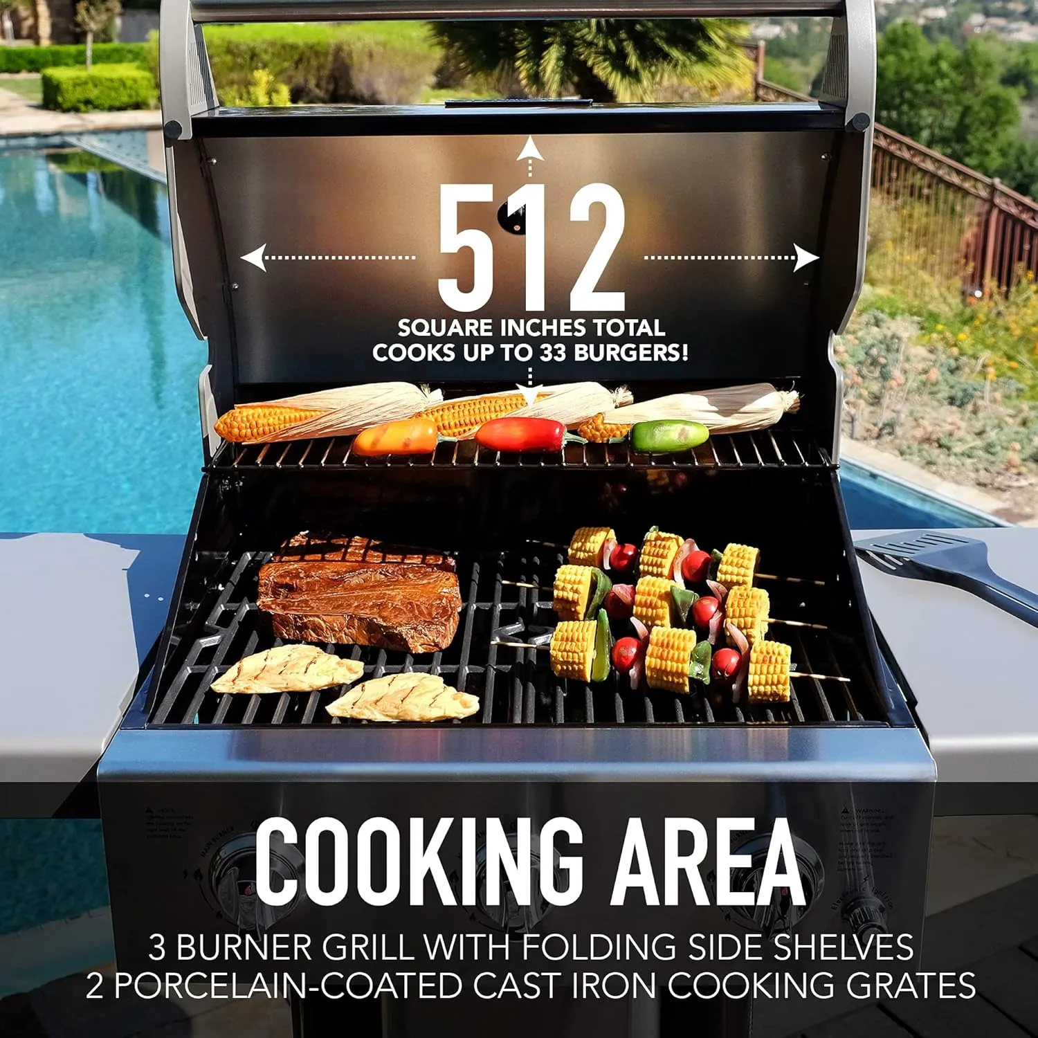 Permasteel 3-Burner Propane Gas Grill, 30,000 BTUs BBQ Grill with Cast Iron Grates, Foldable Side Tables & Tool Hooks, Outdoor Grill, Azure