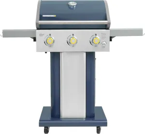 Permasteel 3-Burner Propane Gas Grill, 30,000 BTUs BBQ Grill with Cast Iron Grates, Foldable Side Tables & Tool Hooks, Outdoor Grill, Azure