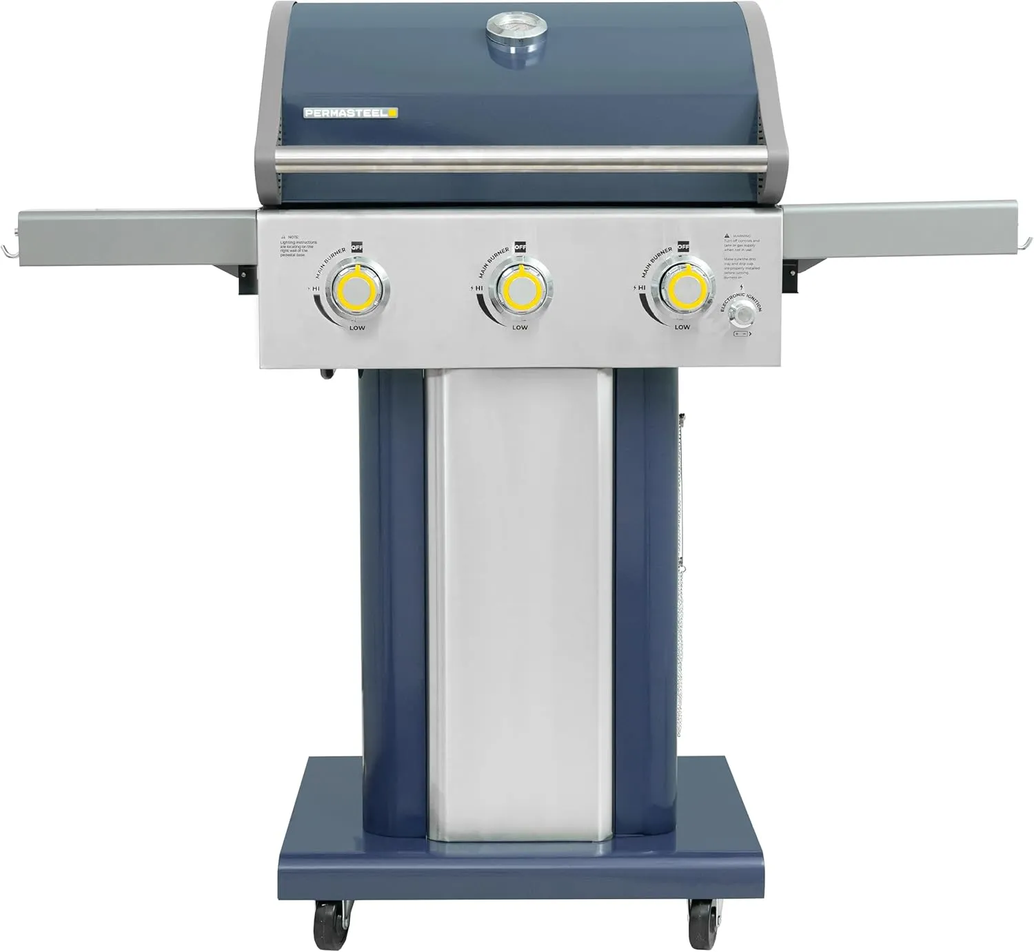 Permasteel 3-Burner Propane Gas Grill, 30,000 BTUs BBQ Grill with Cast Iron Grates, Foldable Side Tables & Tool Hooks, Outdoor Grill, Azure