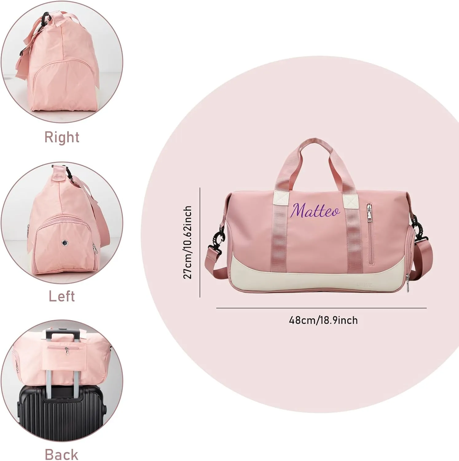 Personalized Waterproof Duffle Bag - Custom Embroidered Multi-Use Gym & Travel Backpack with Shoe Compartment, Trolley Sleeve - Unisex Weekender Bag for Sports, Swimming, Hospital & Overnight (Pink)