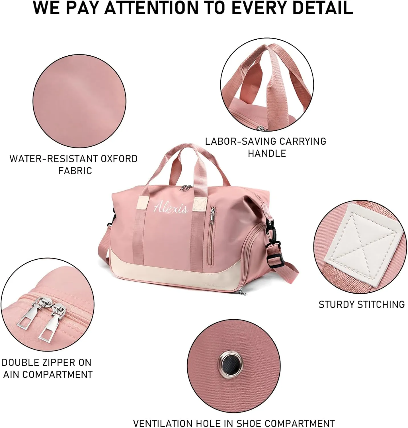 Personalized Waterproof Duffle Bag - Custom Embroidered Multi-Use Gym & Travel Backpack with Shoe Compartment, Trolley Sleeve - Unisex Weekender Bag for Sports, Swimming, Hospital & Overnight (Pink)