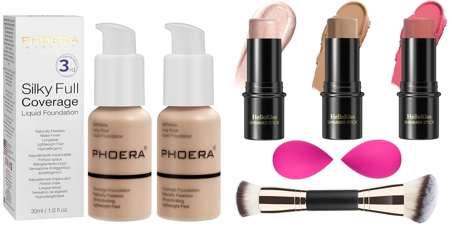 PHOERA Foundation, PHOERA Matte Liquid Foundation,PHOERA Makeup for Women,3 Pcs Cream Contour Stick Makeup Kit, Shades with Highlighter Stick, Blush Stick and Bronzer Contour Stick