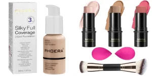 PHOERA Foundation, PHOERA Matte Liquid Foundation,PHOERA Makeup for Women,3 Pcs Cream Contour Stick Makeup Kit, Shades with Highlighter Stick, Blush Stick and Bronzer Contour Stick