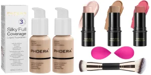 PHOERA Foundation, PHOERA Matte Liquid Foundation,PHOERA Makeup for Women,3 Pcs Cream Contour Stick Makeup Kit, Shades with Highlighter Stick, Blush Stick and Bronzer Contour Stick
