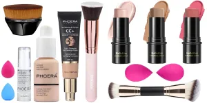 PHOERA Foundation,PHOERA CC  Cream Color Correcting Anti Aging Hydrating Serum &SPF 25 ,3 Pcs Cream Contour Stick Makeup Kit, Shades with Highlighter Stick, Blush Stick and Bronzer Contour Stick