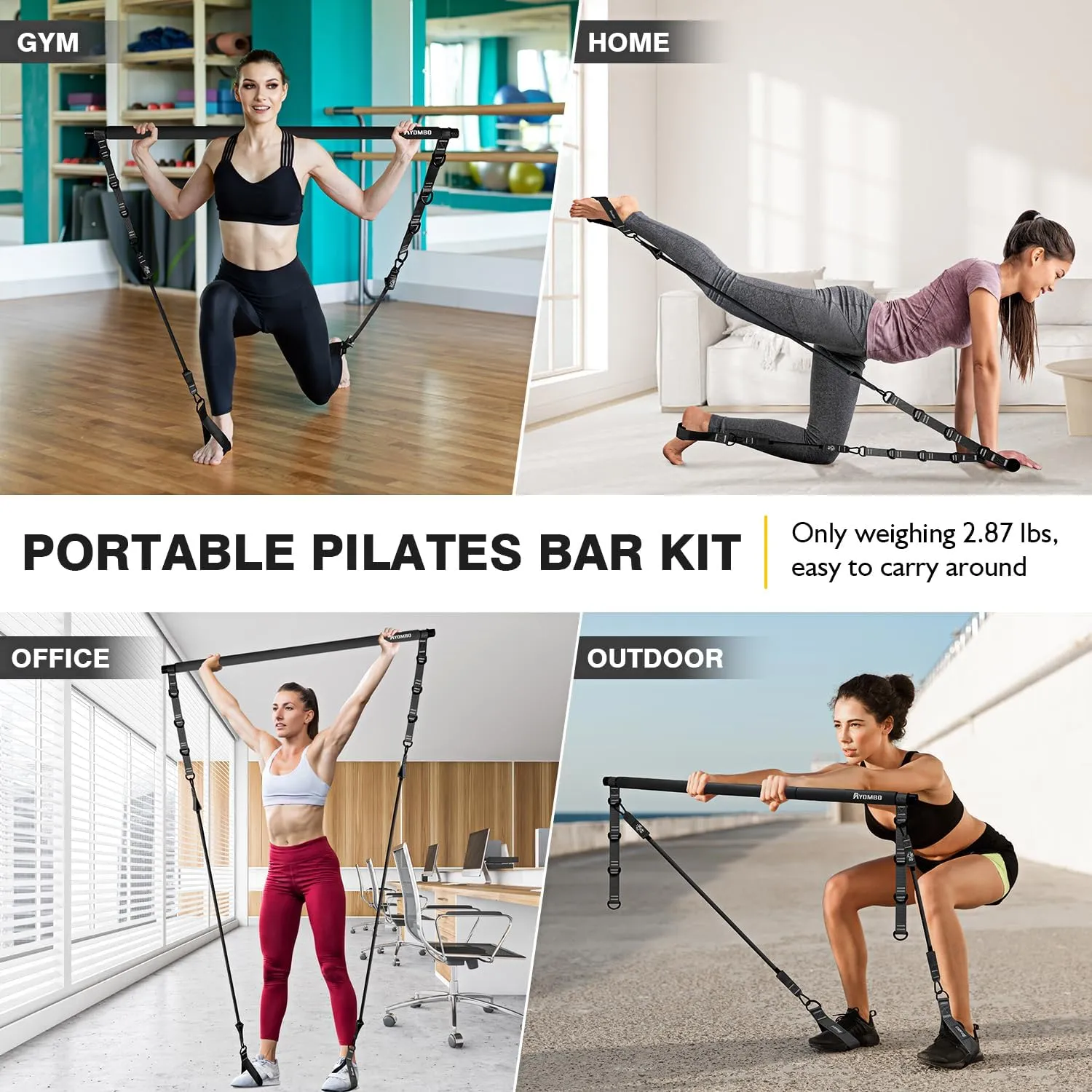Pilates Bar Kit With Resistance Bands, Workout Equipment for Legs, Hip, Waist, Arm, Squats Exercise Equipment for Home Workouts, Adjustable 3-Section Bar Kit for Women & Men