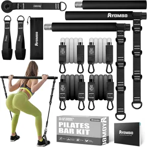 Pilates Bar Kit With Resistance Bands, Workout Equipment for Legs, Hip, Waist, Arm, Squats Exercise Equipment for Home Workouts, Adjustable 3-Section Bar Kit for Women & Men