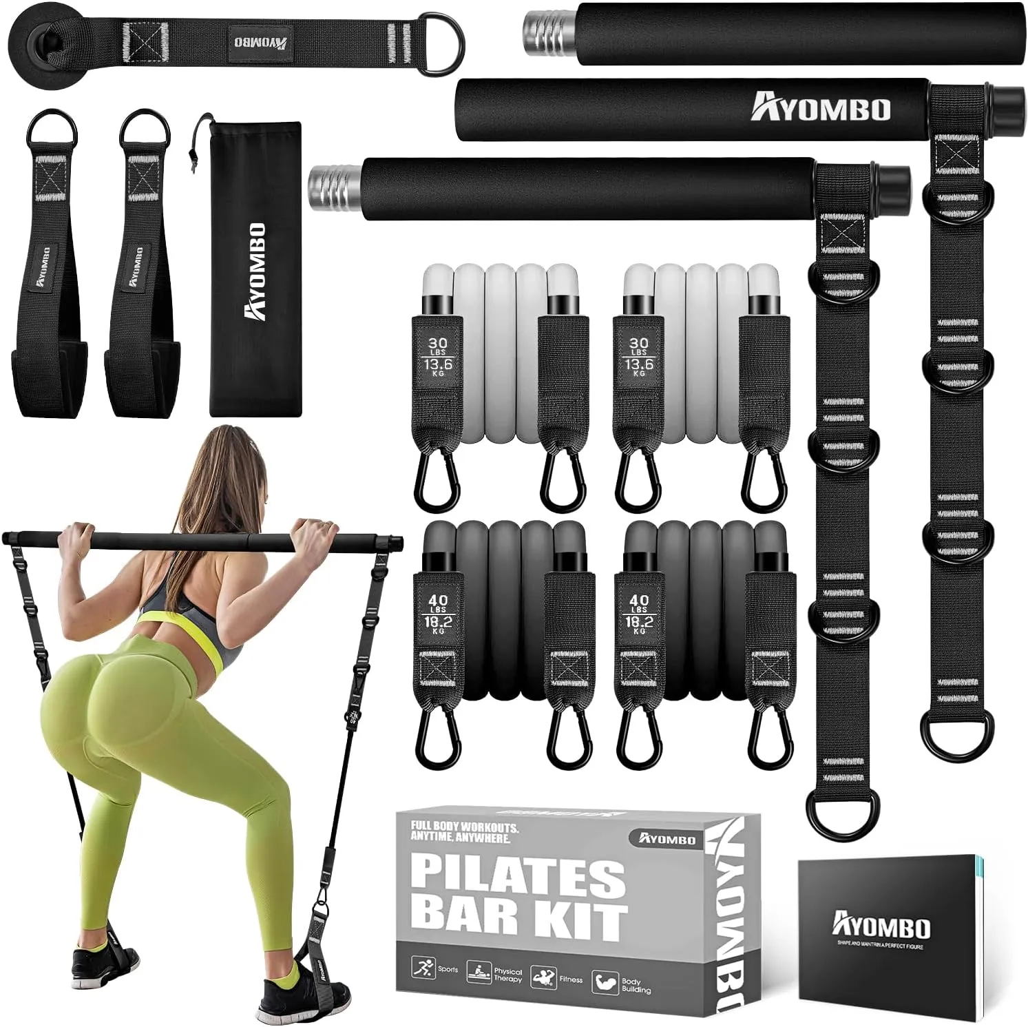 Pilates Bar Kit With Resistance Bands, Workout Equipment for Legs, Hip, Waist, Arm, Squats Exercise Equipment for Home Workouts, Adjustable 3-Section Bar Kit for Women & Men