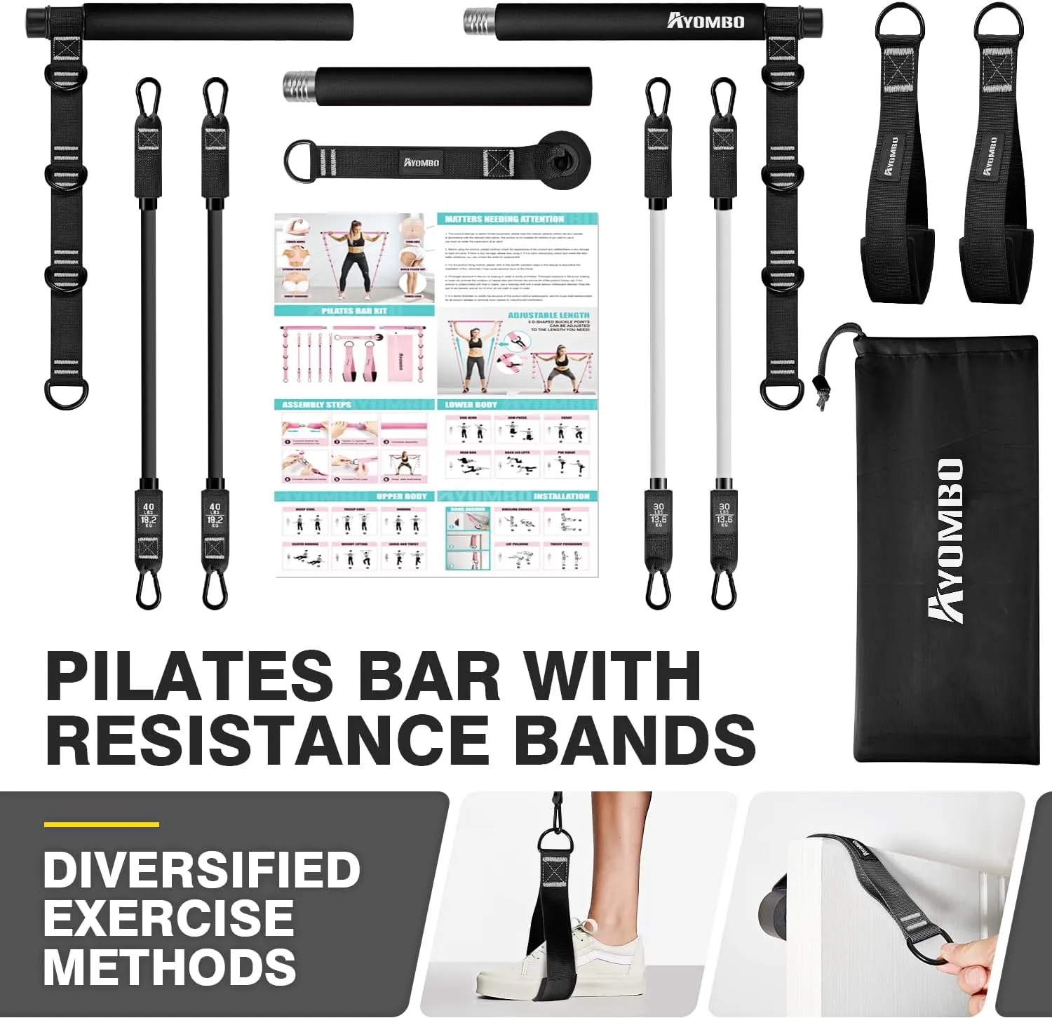 Pilates Bar Kit With Resistance Bands, Workout Equipment for Legs, Hip, Waist, Arm, Squats Exercise Equipment for Home Workouts, Adjustable 3-Section Bar Kit for Women & Men
