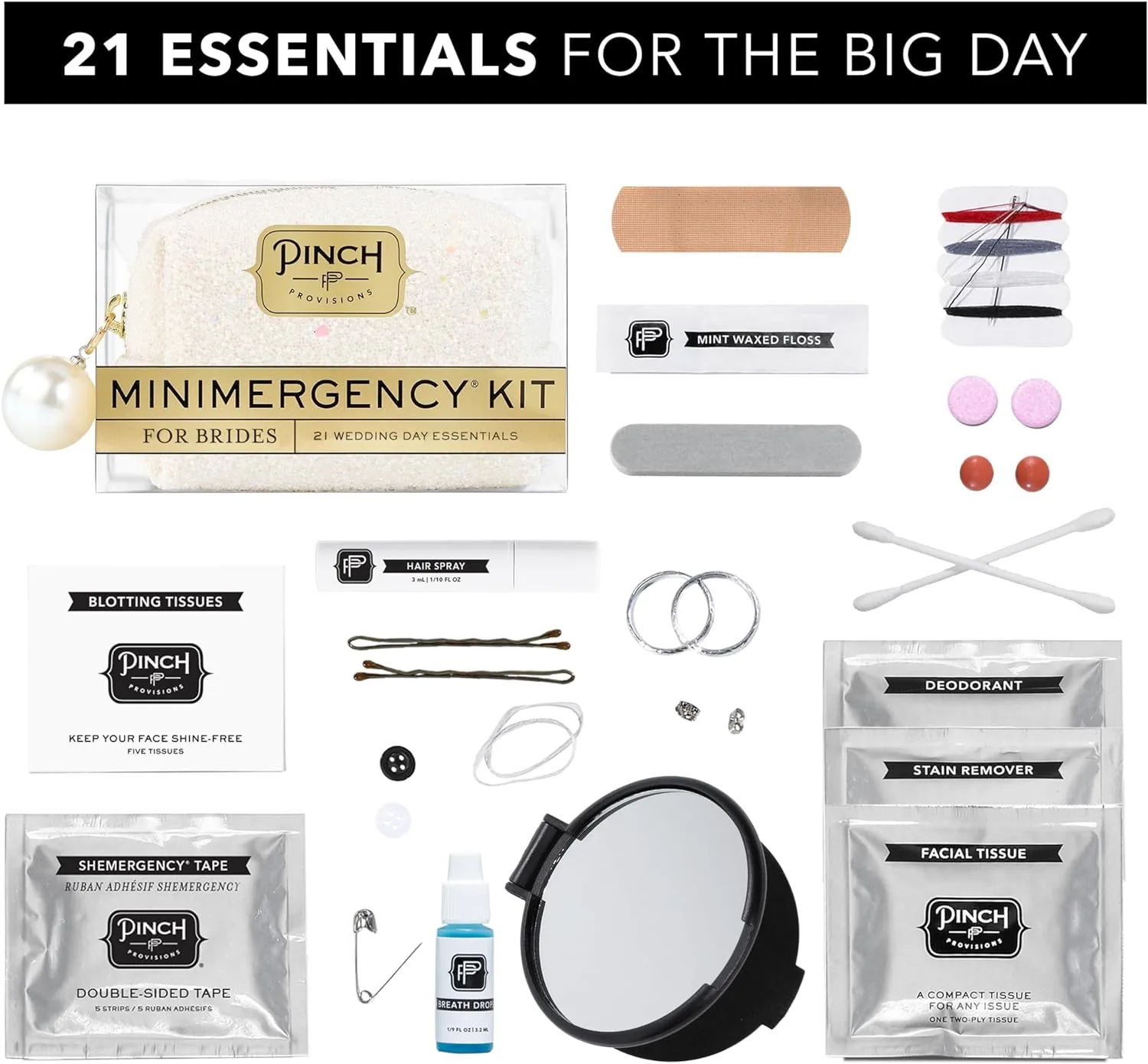 Pinch Provisions Minimergency Kit for Brides, Includes 21 Must-Have Essential Items for The Big Day, Compact, Multi-Functional Zipper Pouch, Perfect Survival Kit for Team Bride