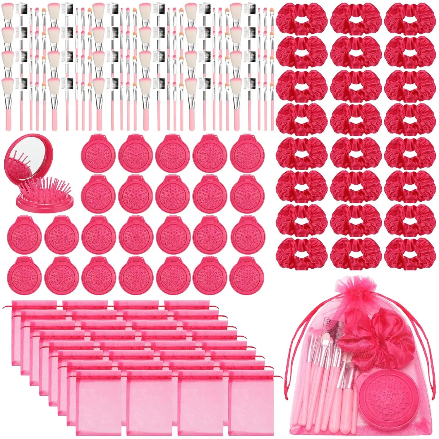 Pink Girl Party Favors Girl Makeup Party Favor Party Supplies Set Includes Pink Gauze Bags, Hair Scrunchies, Foldable Mirror Hair Brushes, Makeup Brushes Toys(48 Pcs)