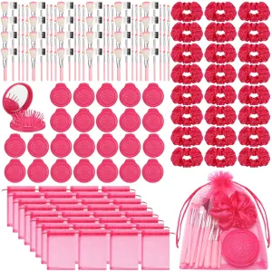 Pink Girl Party Favors Girl Makeup Party Favor Party Supplies Set Includes Pink Gauze Bags, Hair Scrunchies, Foldable Mirror Hair Brushes, Makeup Brushes Toys(48 Pcs)