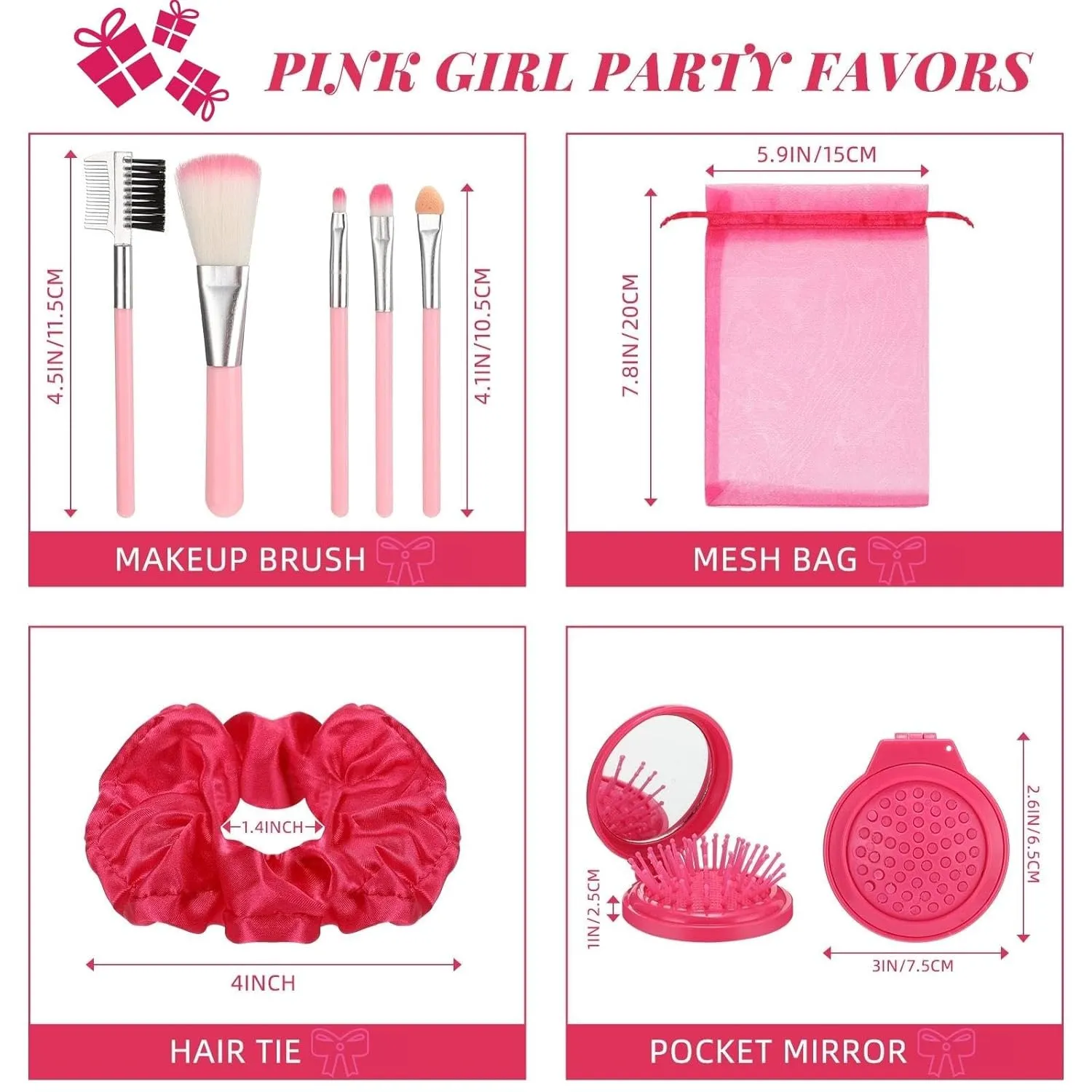 Pink Girl Party Favors Girl Makeup Party Favor Party Supplies Set Includes Pink Gauze Bags, Hair Scrunchies, Foldable Mirror Hair Brushes, Makeup Brushes Toys(48 Pcs)