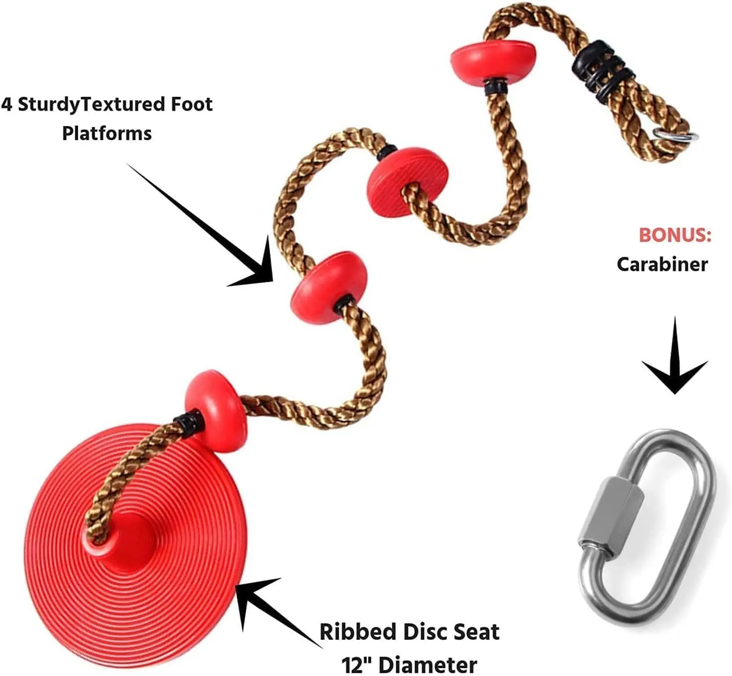 Platforms Disc Tree Swing Seat and Climbing Knot Rope with Carabiner Hook for Kids Outdoor Playground Set (Red)