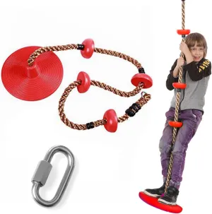 Platforms Disc Tree Swing Seat and Climbing Knot Rope with Carabiner Hook for Kids Outdoor Playground Set (Red)