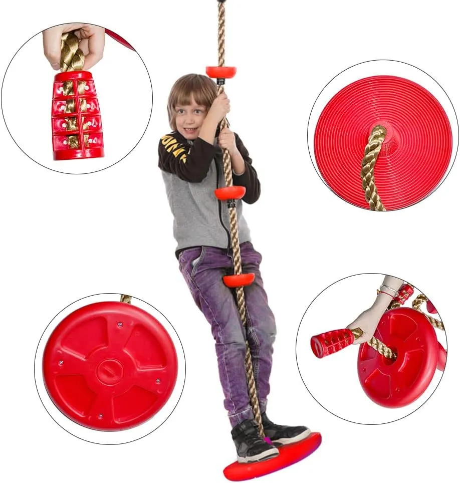 Platforms Disc Tree Swing Seat and Climbing Knot Rope with Carabiner Hook for Kids Outdoor Playground Set (Red)