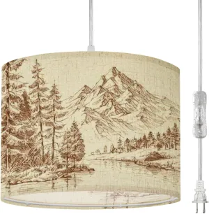 Plug in Pendant Light Alpine Landscape River Pine Forest Sketch Hanging Lamp with Plug in Cord 16.4 ft Dimmable Hanging Light for Bedroom Kitchen Island Living Room