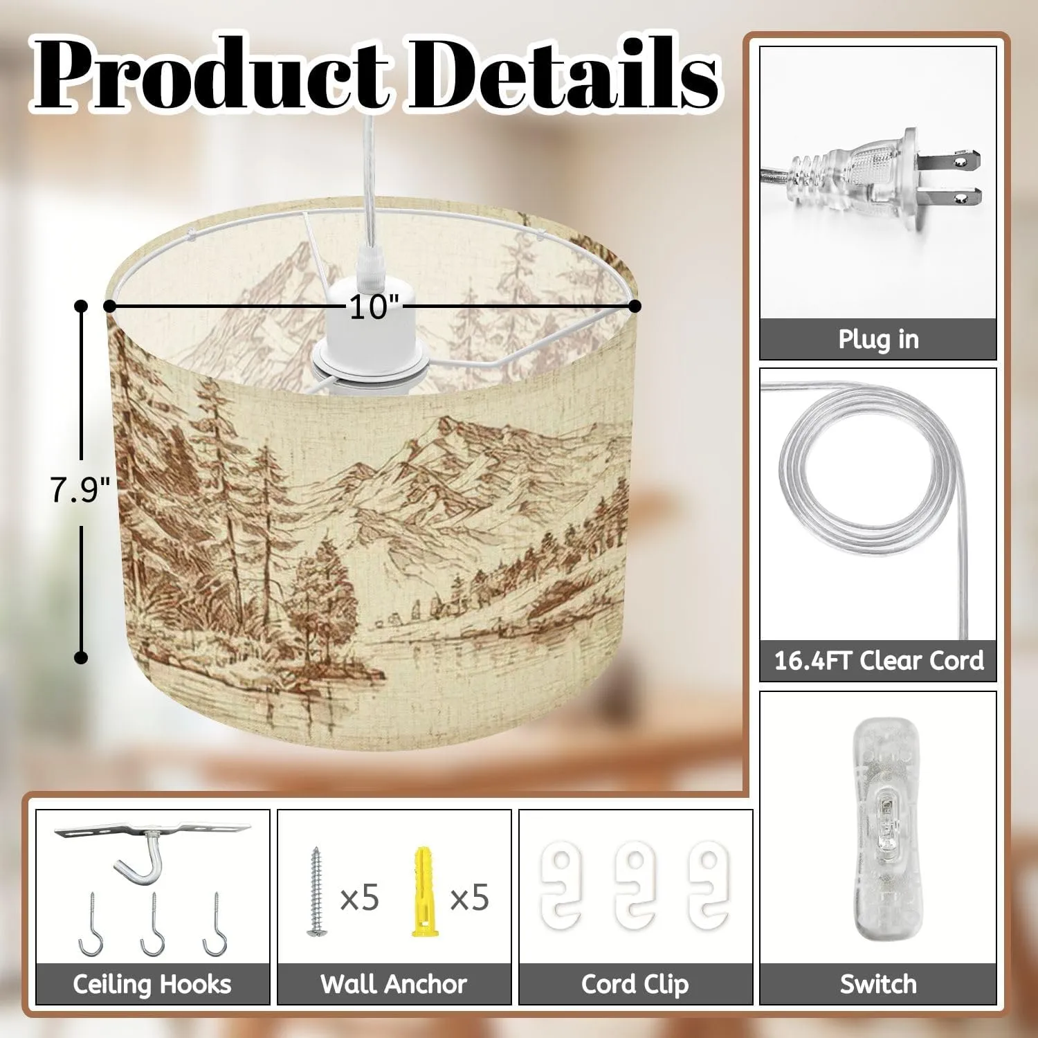 Plug in Pendant Light Alpine Landscape River Pine Forest Sketch Hanging Lamp with Plug in Cord 16.4 ft Dimmable Hanging Light for Bedroom Kitchen Island Living Room