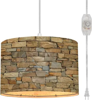 Plug in Pendant Light Alpine Stone Veneer Cladding Rock Wall Seamless Texture Hanging Lamp with Plug in Cord 16.4 ft Fabric Shade Dimmable Hanging Light for Living Room Kitchen Bedroom