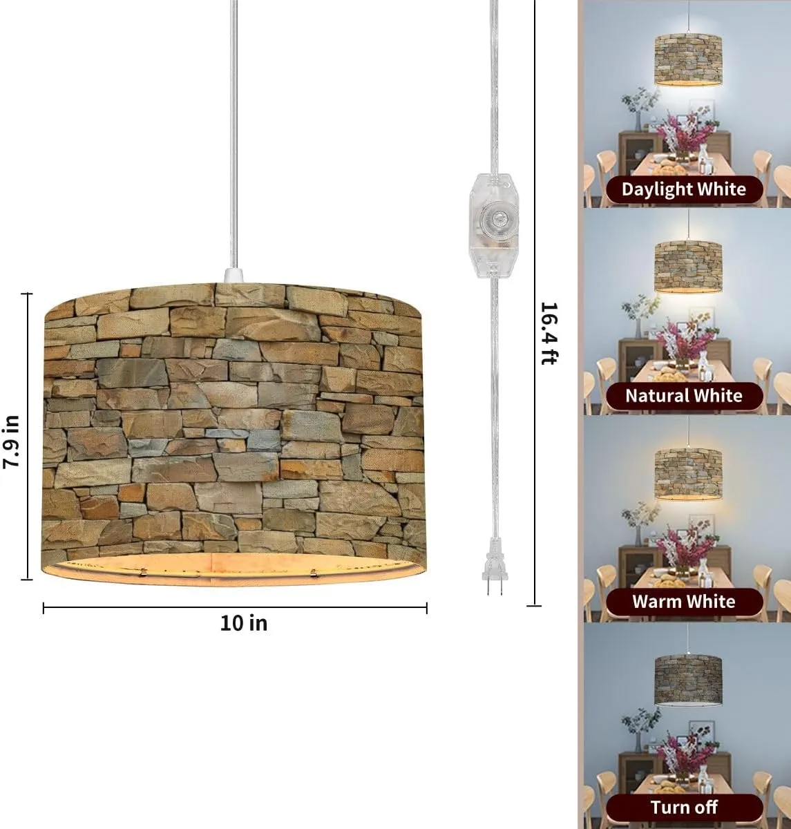 Plug in Pendant Light Alpine Stone Veneer Cladding Rock Wall Seamless Texture Hanging Lamp with Plug in Cord 16.4 ft Fabric Shade Dimmable Hanging Light for Living Room Kitchen Bedroom