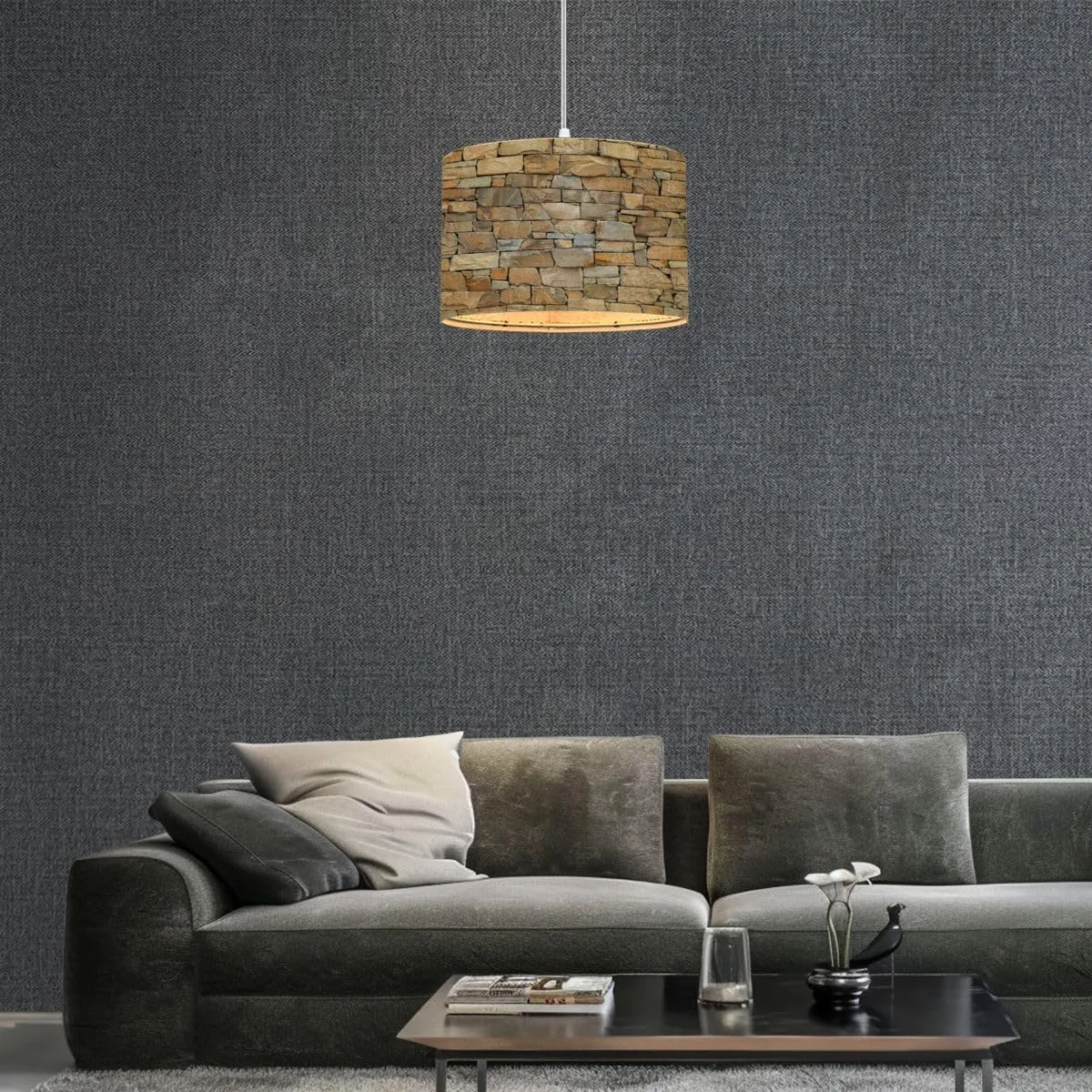Plug in Pendant Light Alpine Stone Veneer Cladding Rock Wall Seamless Texture Hanging Lamp with Plug in Cord 16.4 ft Fabric Shade Dimmable Hanging Light for Living Room Kitchen Bedroom