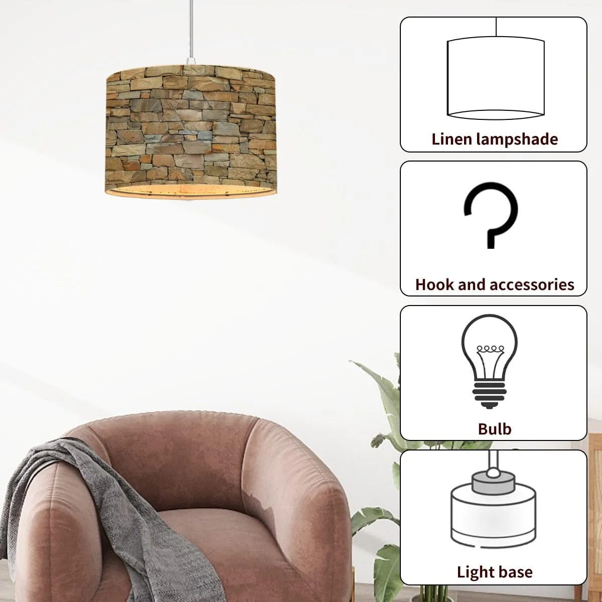 Plug in Pendant Light Alpine Stone Veneer Cladding Rock Wall Seamless Texture Hanging Lamp with Plug in Cord 16.4 ft Fabric Shade Dimmable Hanging Light for Living Room Kitchen Bedroom