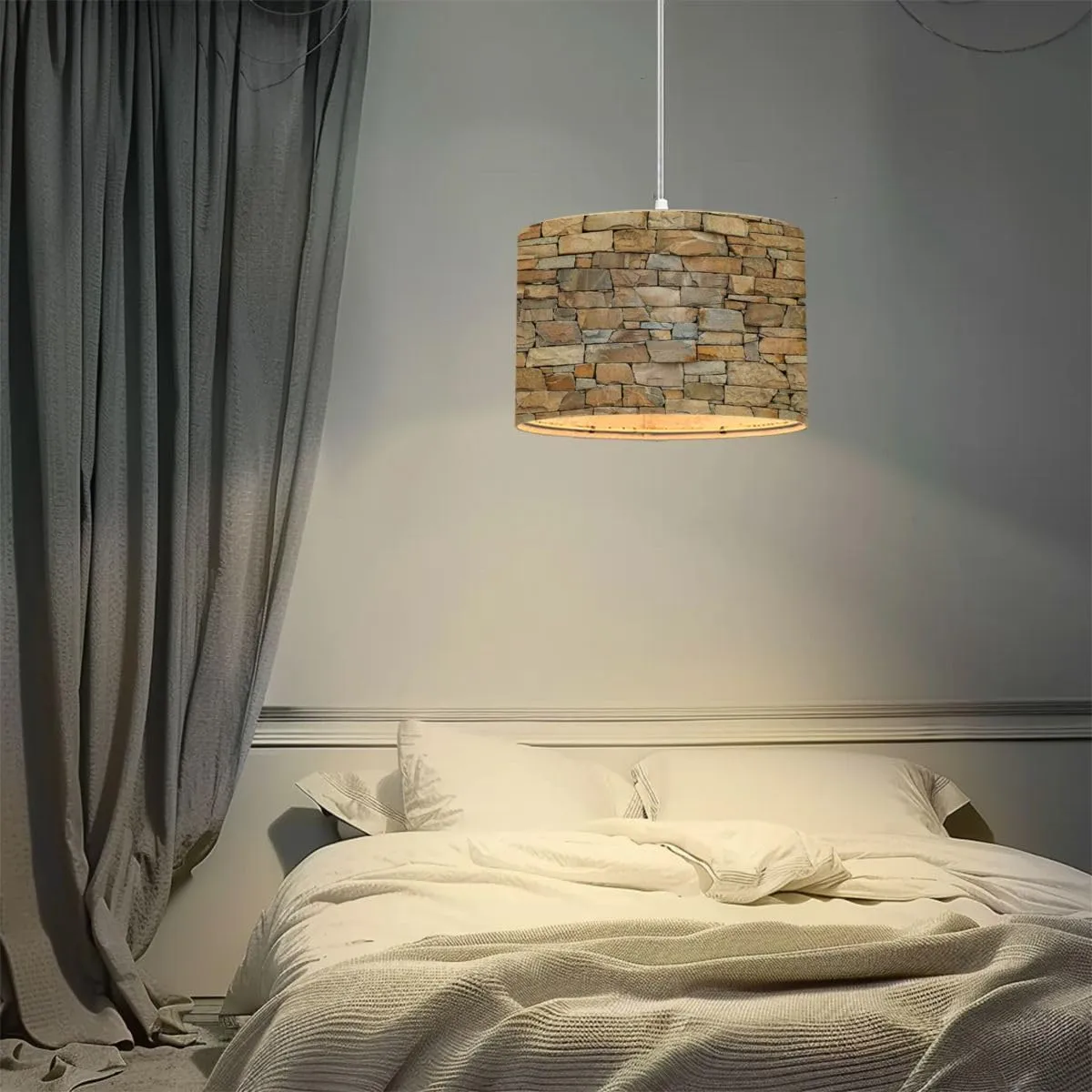 Plug in Pendant Light Alpine Stone Veneer Cladding Rock Wall Seamless Texture Hanging Lamp with Plug in Cord 16.4 ft Fabric Shade Dimmable Hanging Light for Living Room Kitchen Bedroom
